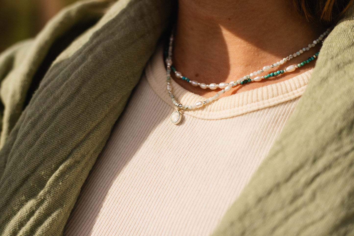 Larimar & Pearl Necklace with Shiva Shell Charm | Morvoren Collection