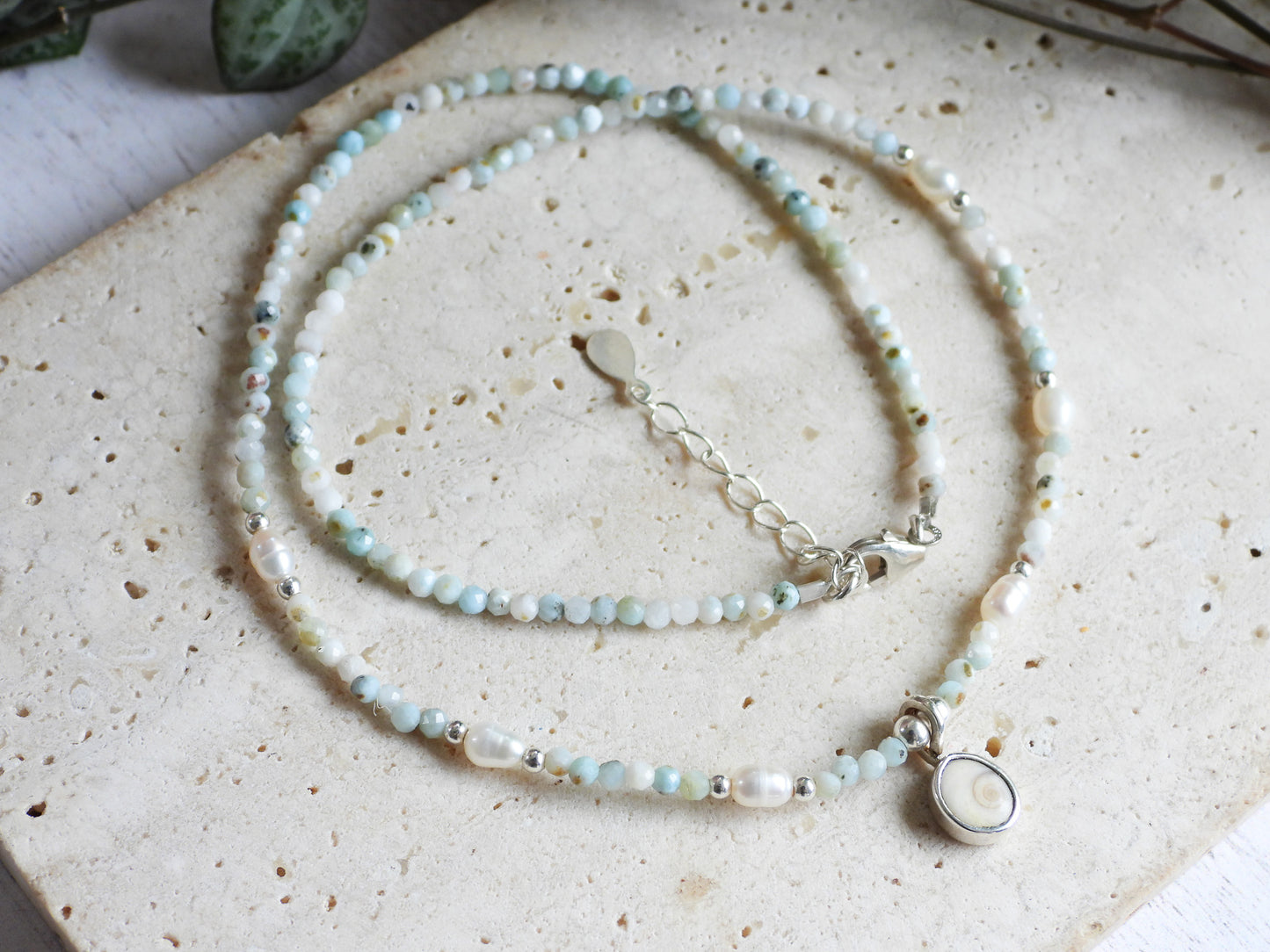 Larimar & Pearl Necklace with Shiva Shell Charm | Morvoren Collection