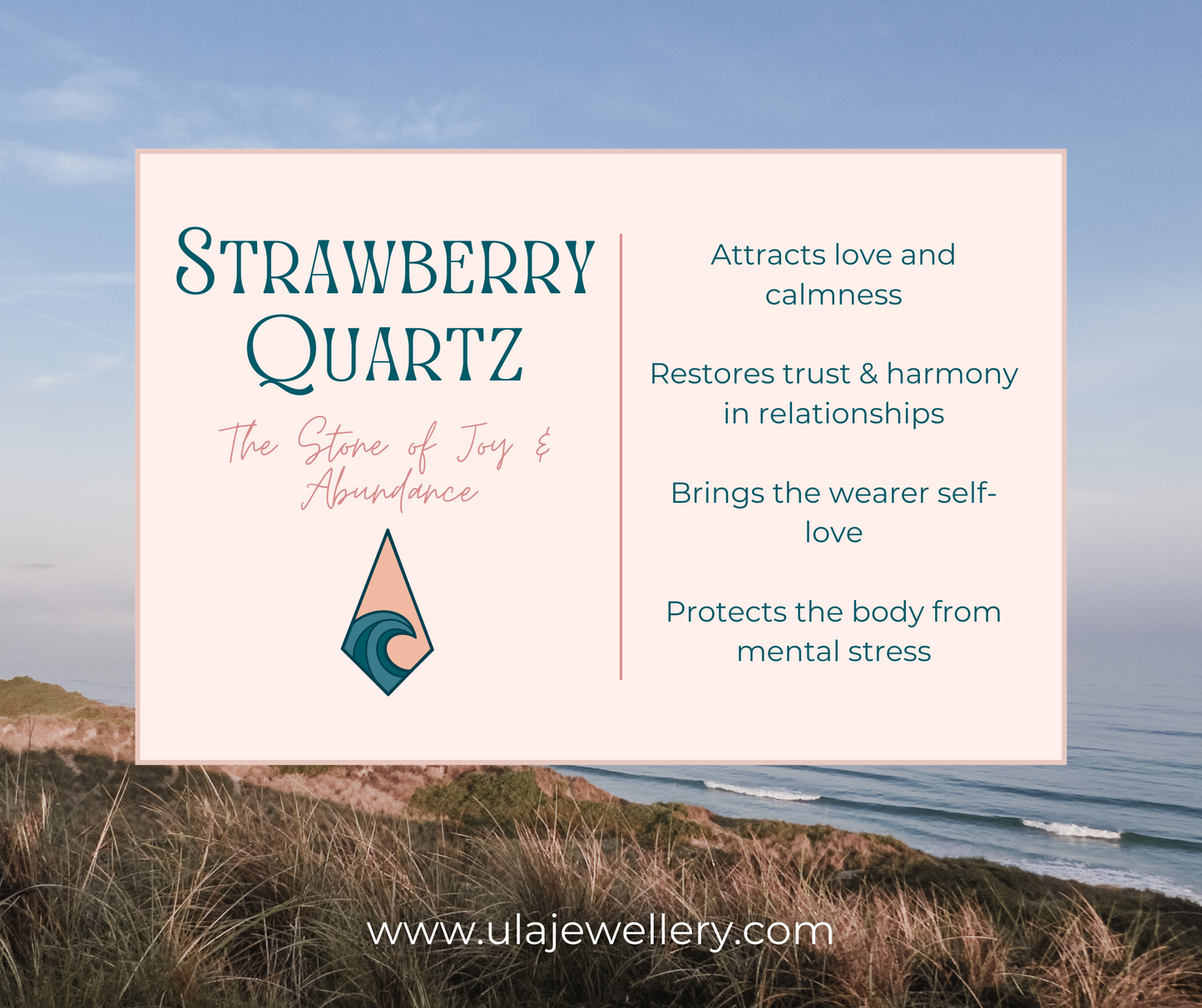 strawberry quartz crystal healing properties infographic by Ula Jewellery Cornwall