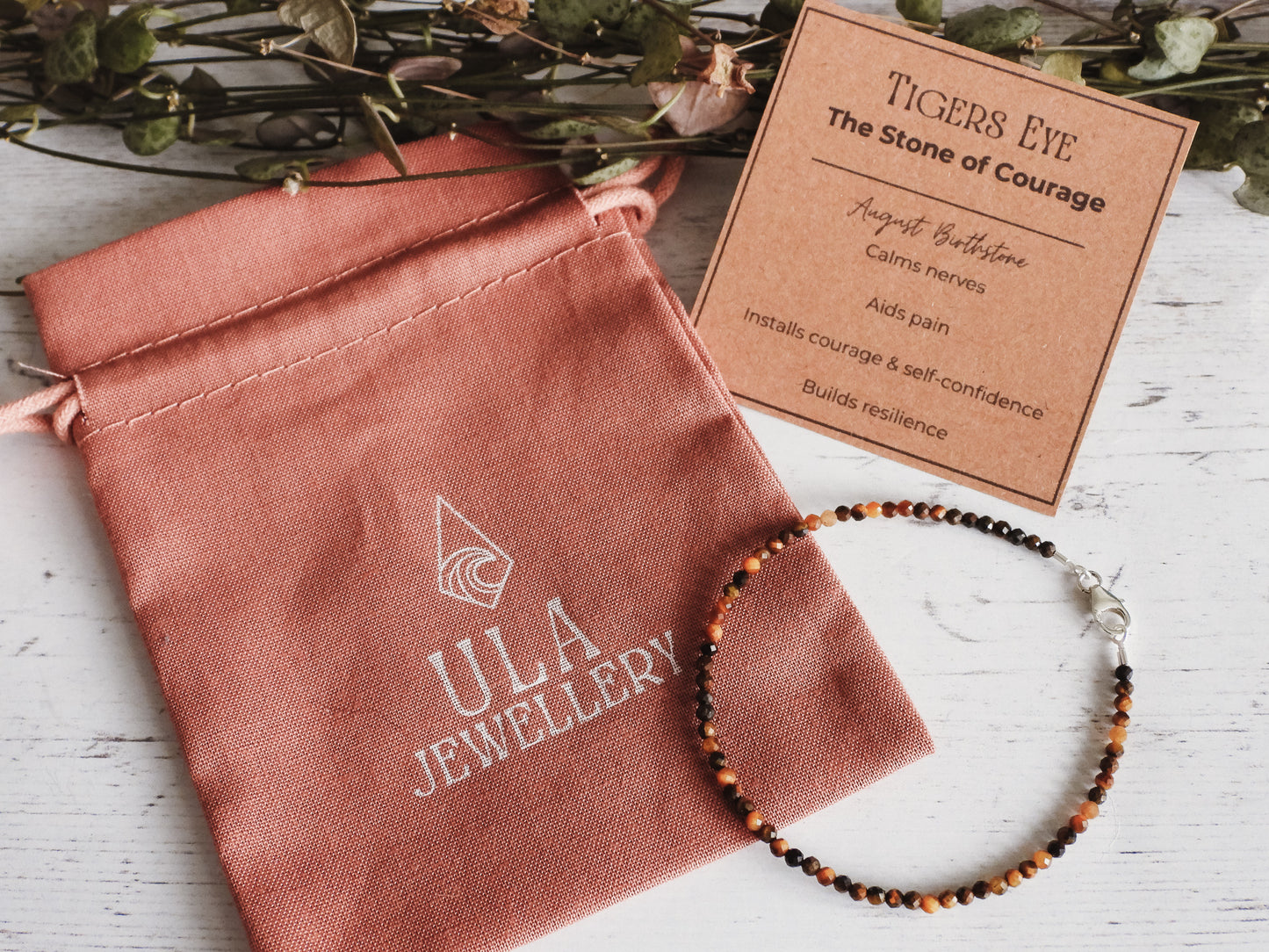 birthstone stacking bracelet, tigers eye courage gemstone by Ula Jewellery