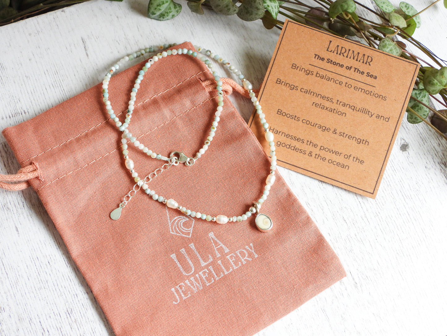 Larimar & Pearl Necklace with Shiva Shell Charm | Morvoren Collection