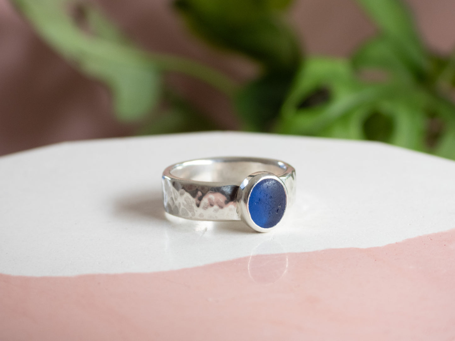 Chunky Dark Blue Seaglass Ring | Recycled Silver 925 | Portreath Beach | Size N/O