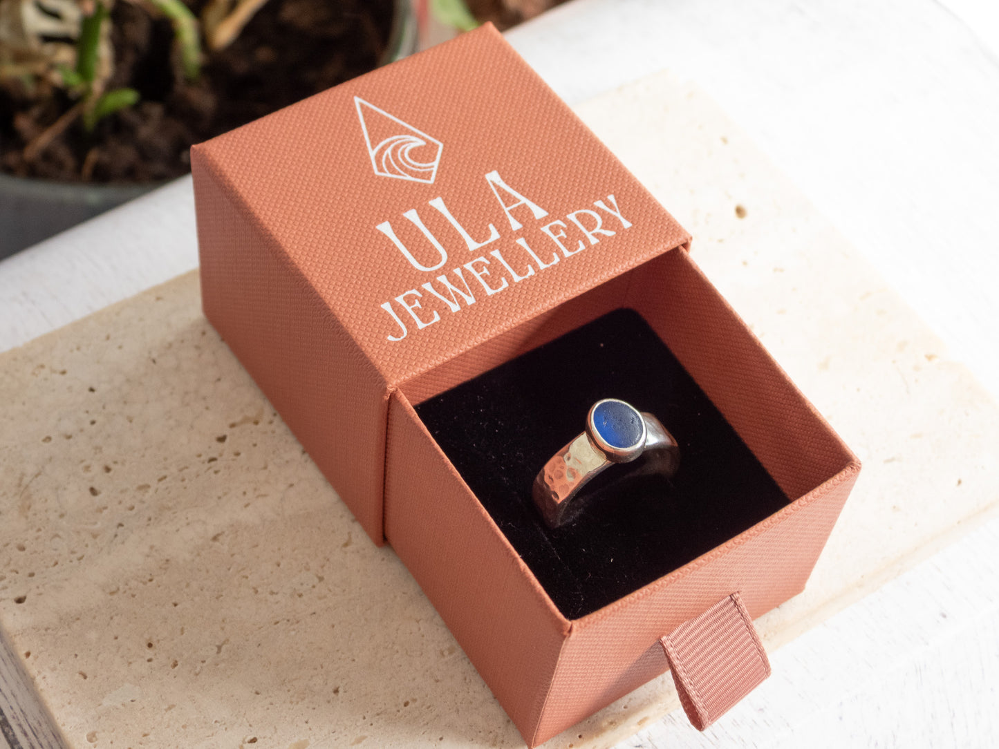 Chunky Dark Blue Seaglass Ring | Recycled Silver 925 | Portreath Beach | Size N/O