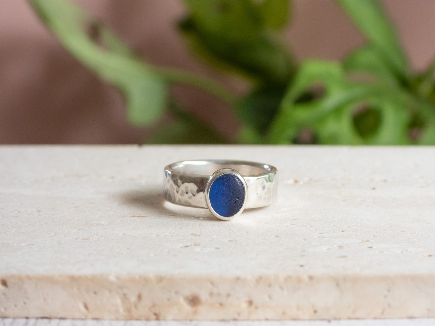 Chunky Dark Blue Seaglass Ring | Recycled Silver 925 | Portreath Beach | Size N/O