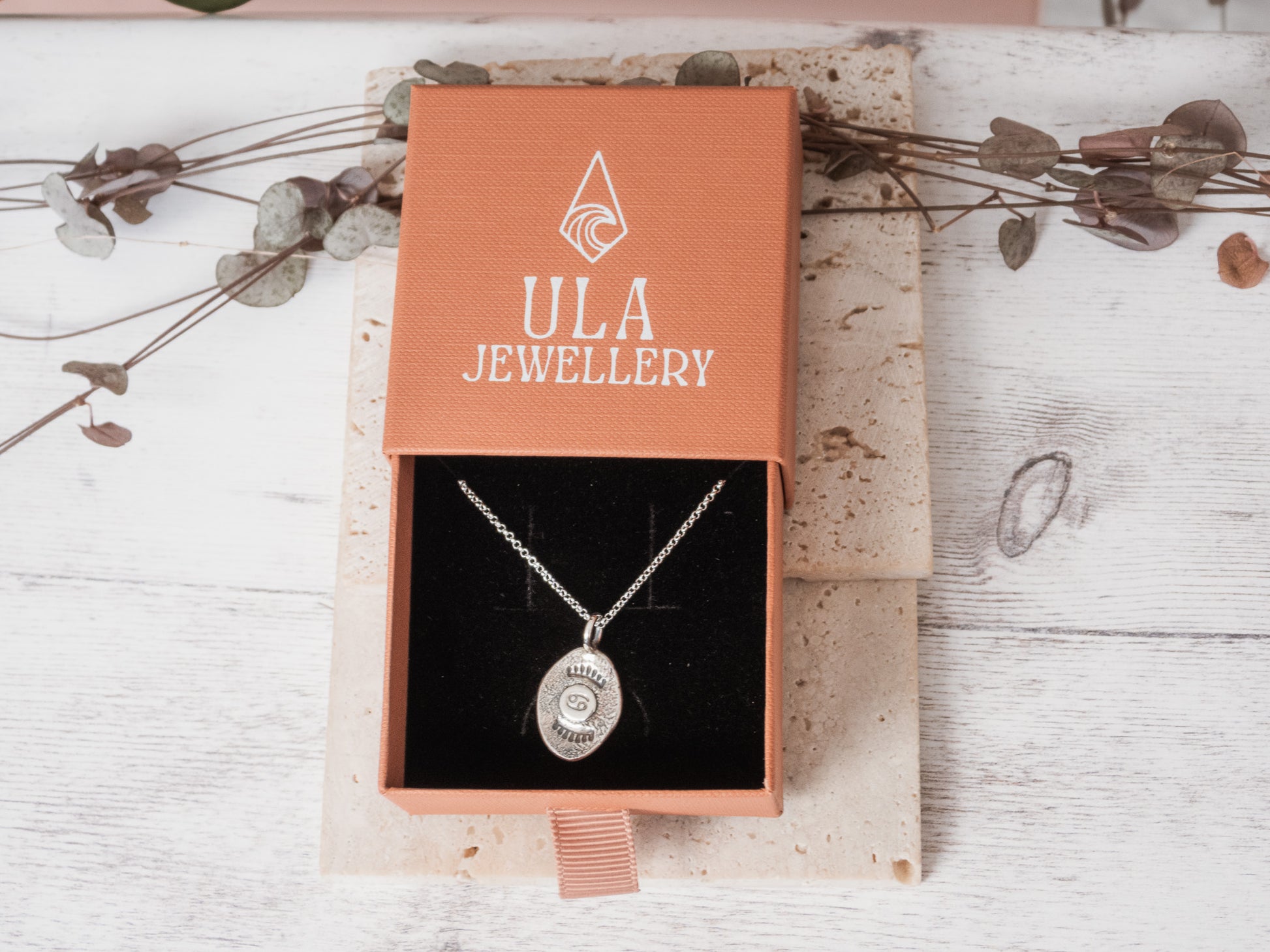 Unique cancer star sign necklace by Ula Jewellery Cornwall