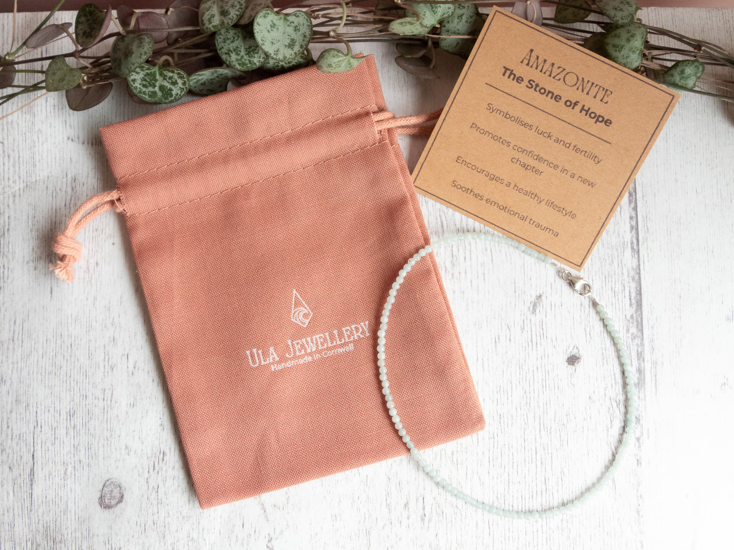 Dainty Amazonite "Hope" Gemstone Beaded Anklet | Round Beads