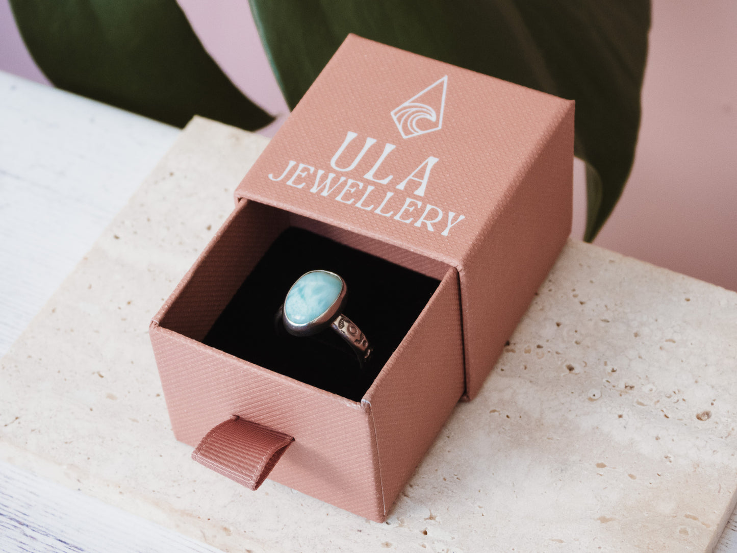 ula jewellery custom larimar and recycled sterling silver ring
