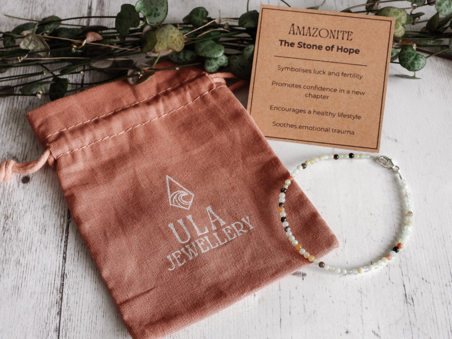 gift idea amazonite gemstone beaded bracelet with properties card