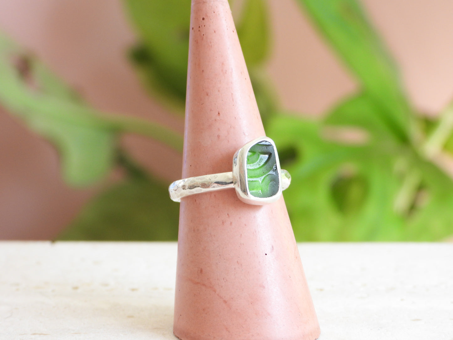 Rare Embossed Green Seaglass Ring | Recycled Silver 925 | Size L/M