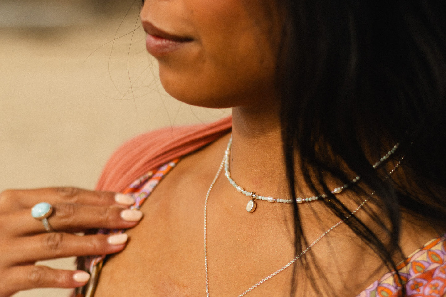 Larimar & Pearl Necklace with Shiva Shell Charm | Morvoren Collection
