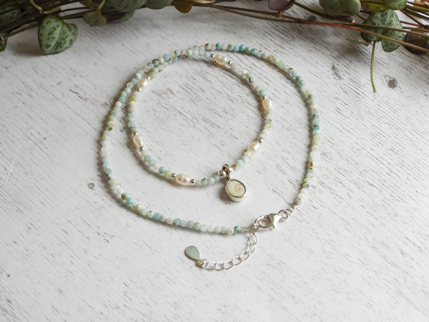 Larimar & Pearl Necklace with Shiva Shell Charm | Morvoren Collection
