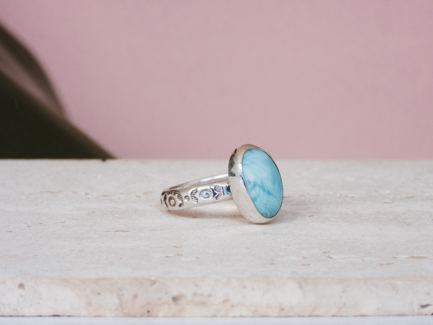 unique bohemian style larimar ring made with recycled sterling silver