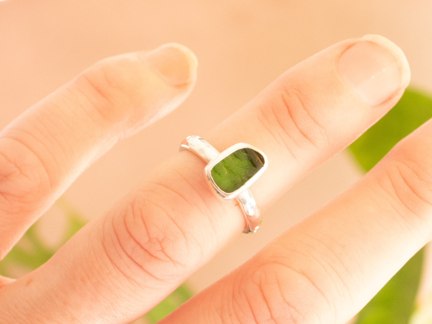 Rare Embossed Green Seaglass Ring | Recycled Silver 925 | Size L/M