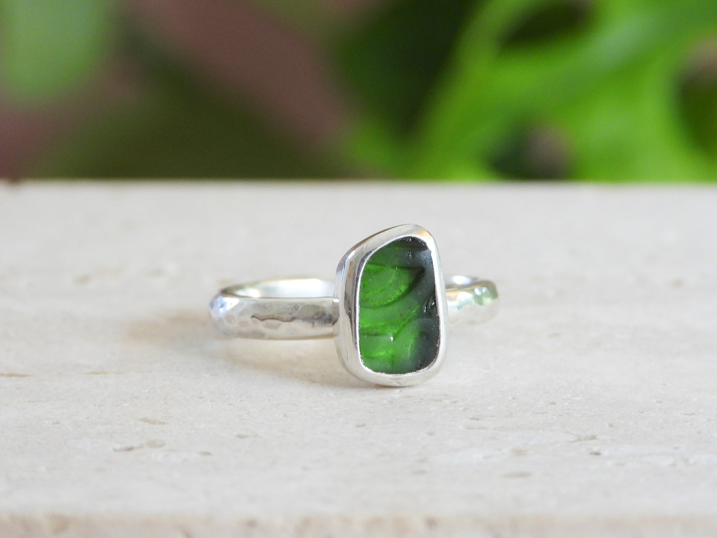 Rare Embossed Green Seaglass Ring | Recycled Silver 925 | Size L/M