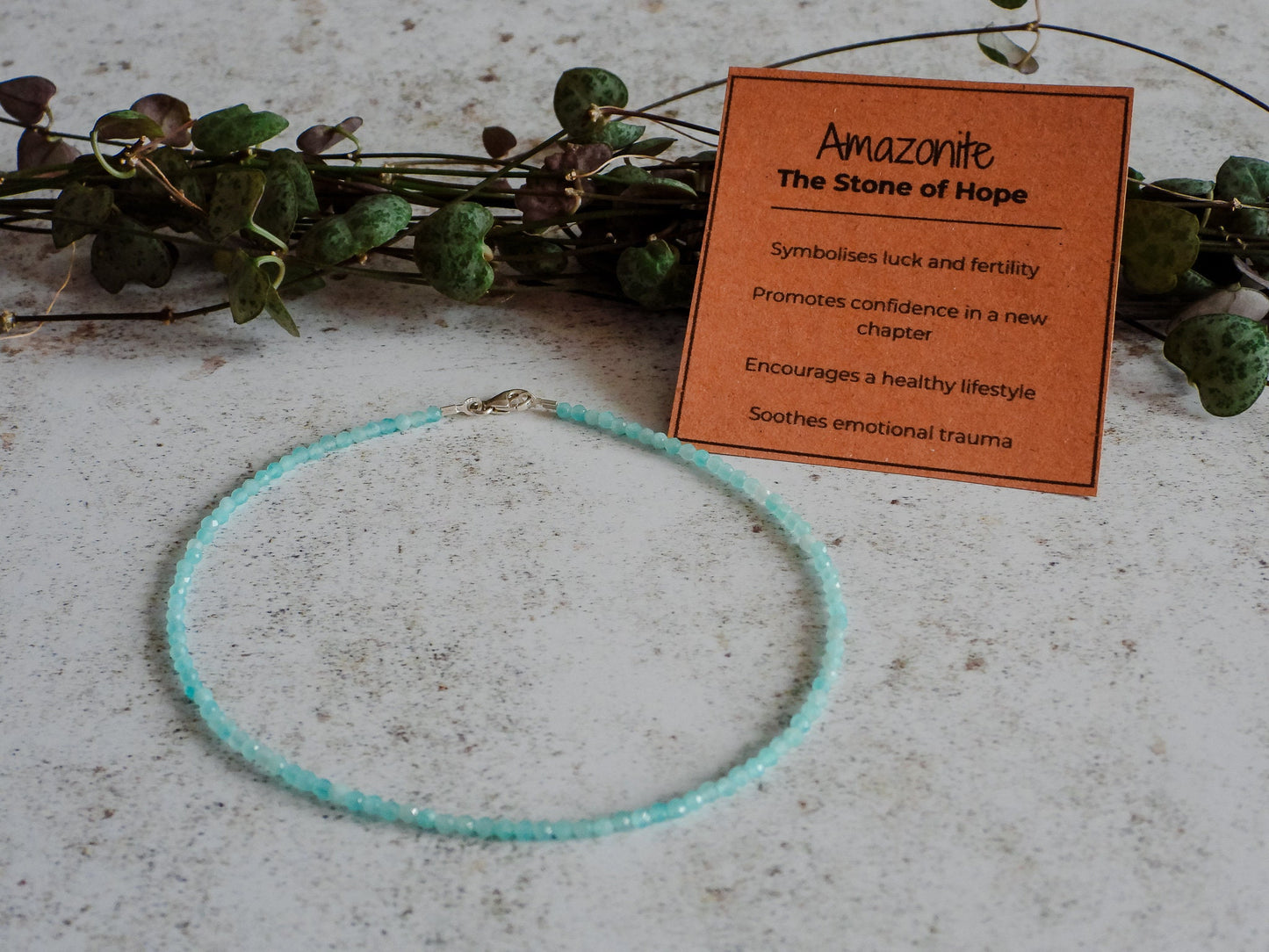 blue amazonite beaded gemstone anklet in a minimalist style