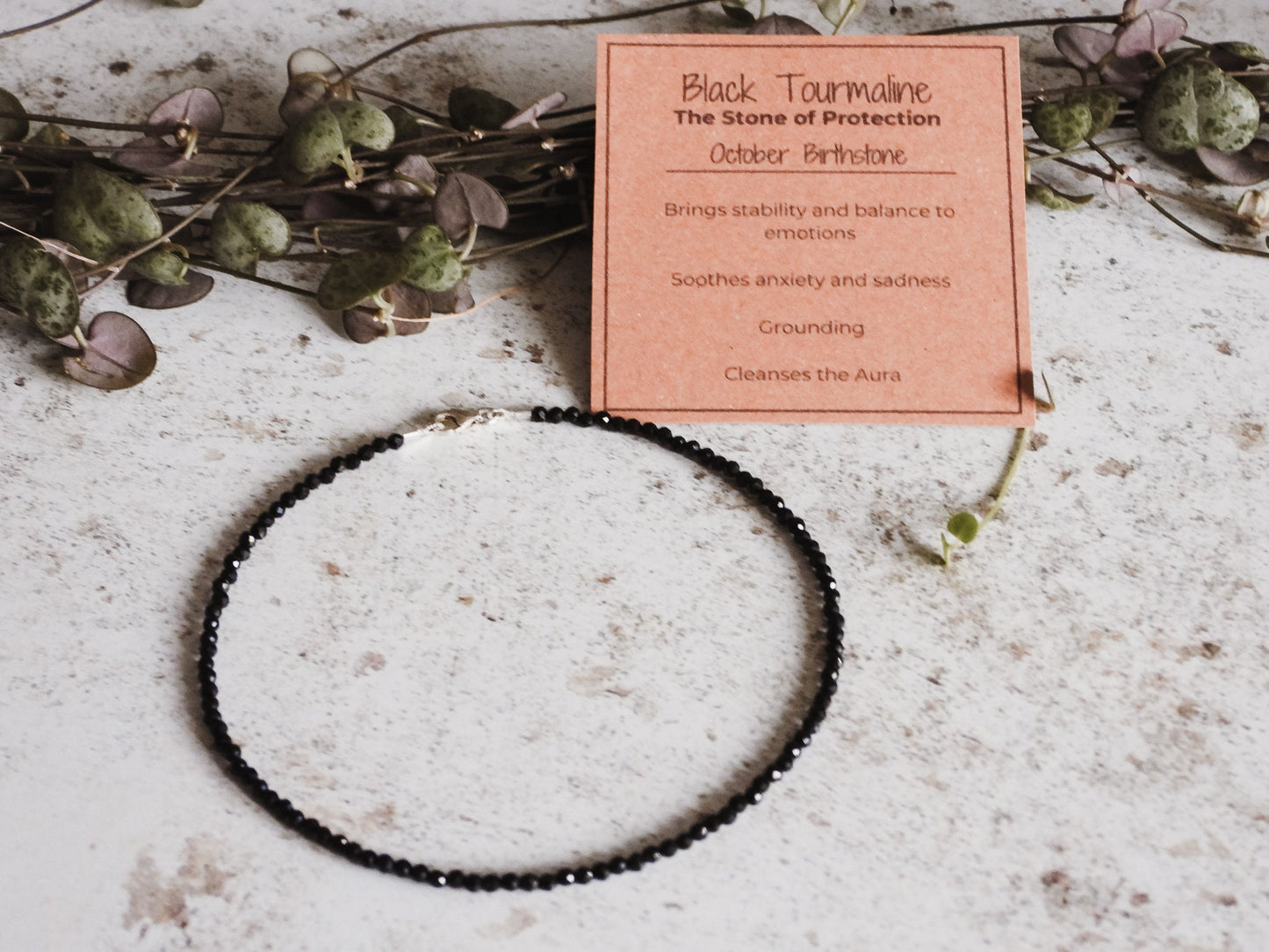 Dainty Black Tourmaline "Protection" Gemstone Anklet | October Birthstone