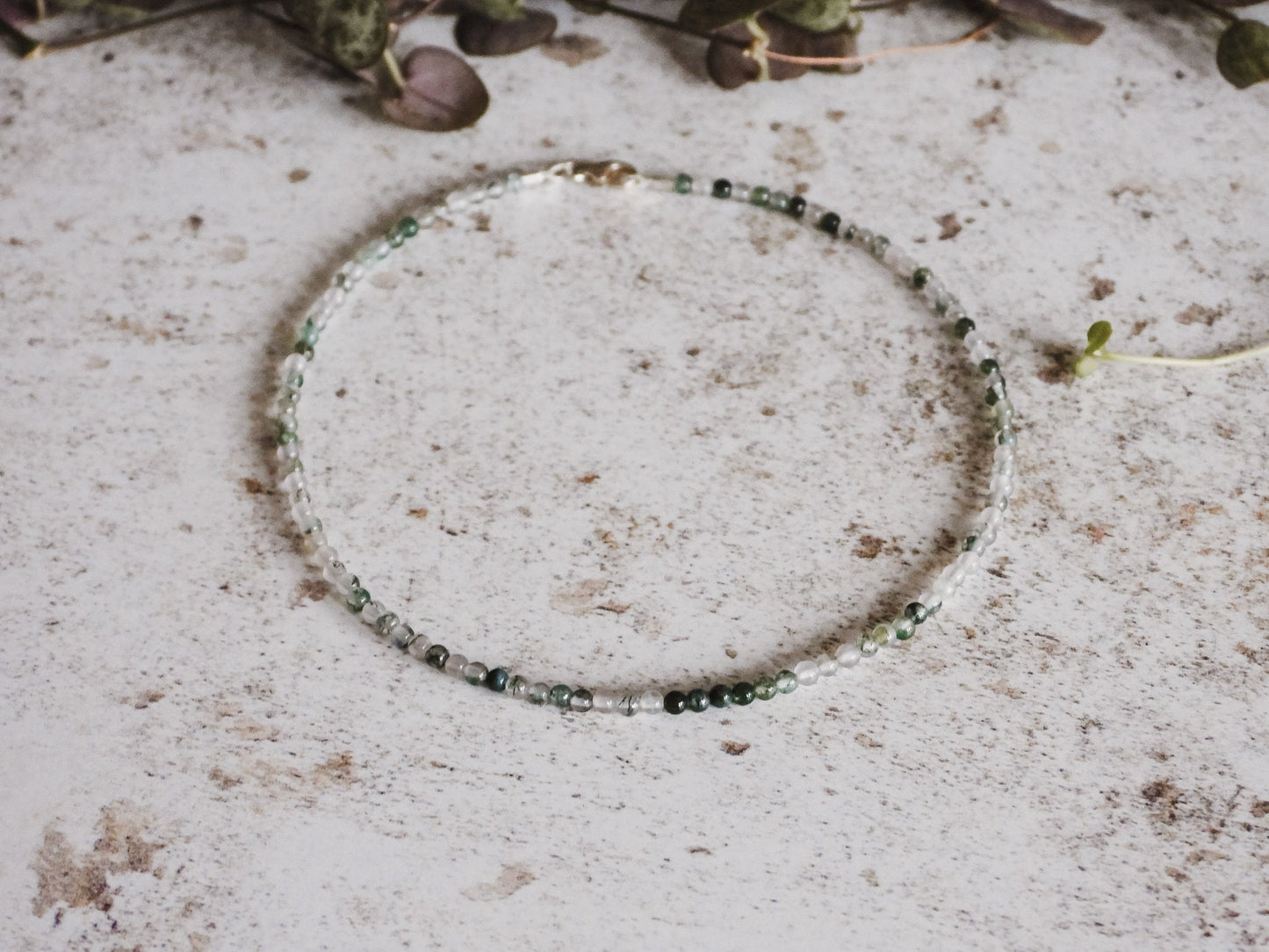 minimalist and dainty green moss agate gemstone anklet