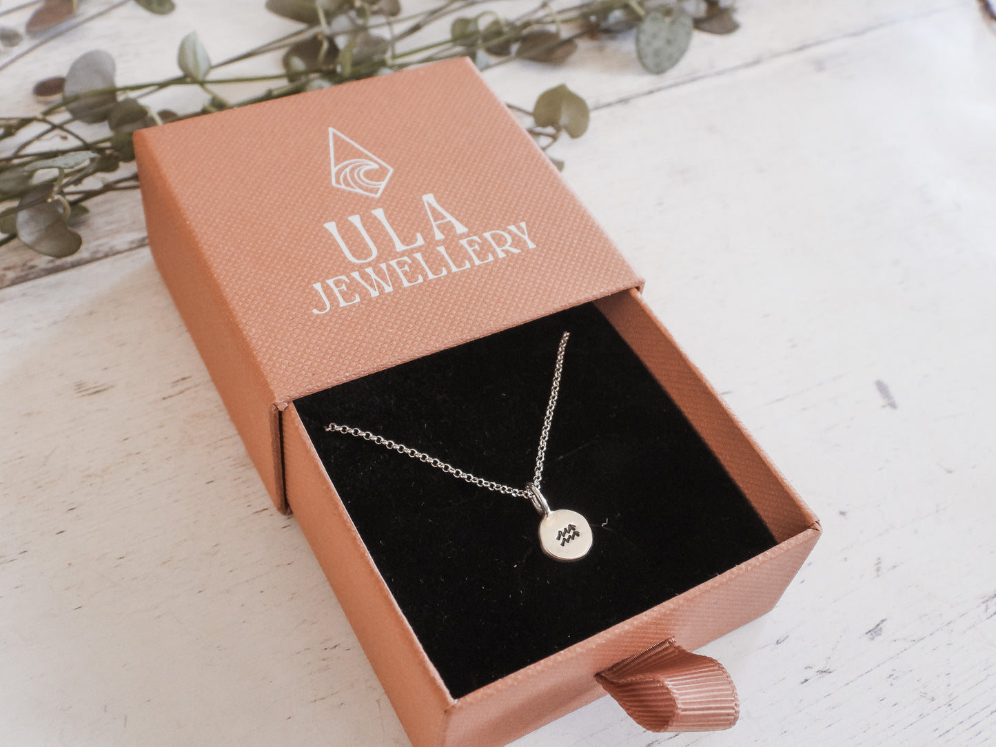 Silver Aquarius necklace in an open ULA Jewellery box on a light wooden surface with greenery.