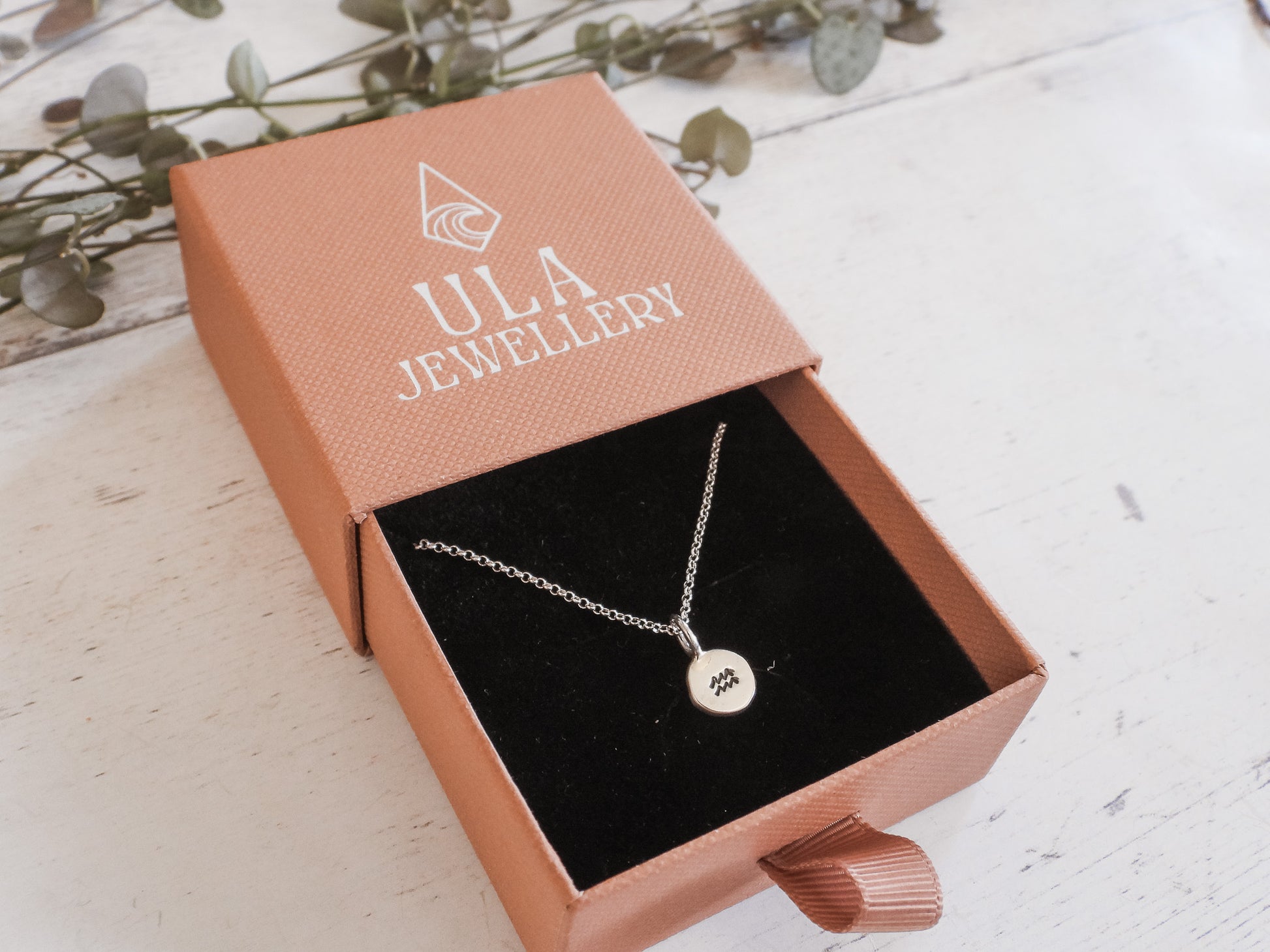 Silver Aquarius necklace in an open ULA Jewellery box on a light wooden surface with greenery.