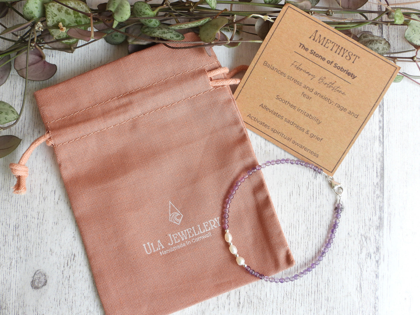 Dainty Amethyst and Pearl Gemstone Bracelet | February Birthstone | Round Beads