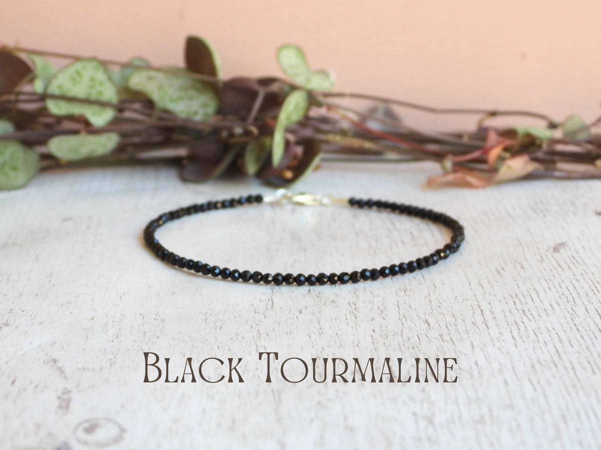 Dainty Black Tourmaline Gemstone Bracelet | Sterling Silver | Handmade