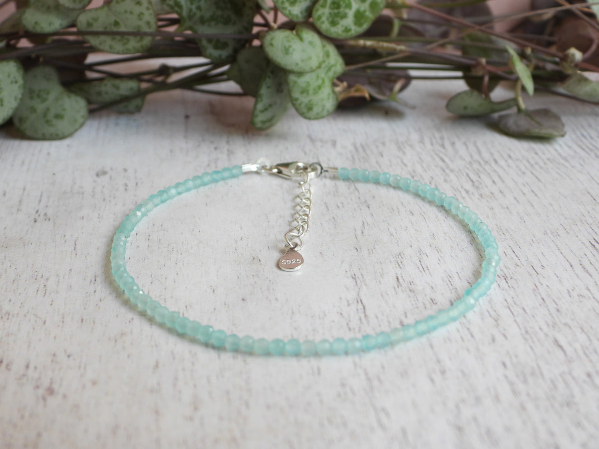 2mm amazonite gemstone beaded bracelet with solid silver 925 extension chain