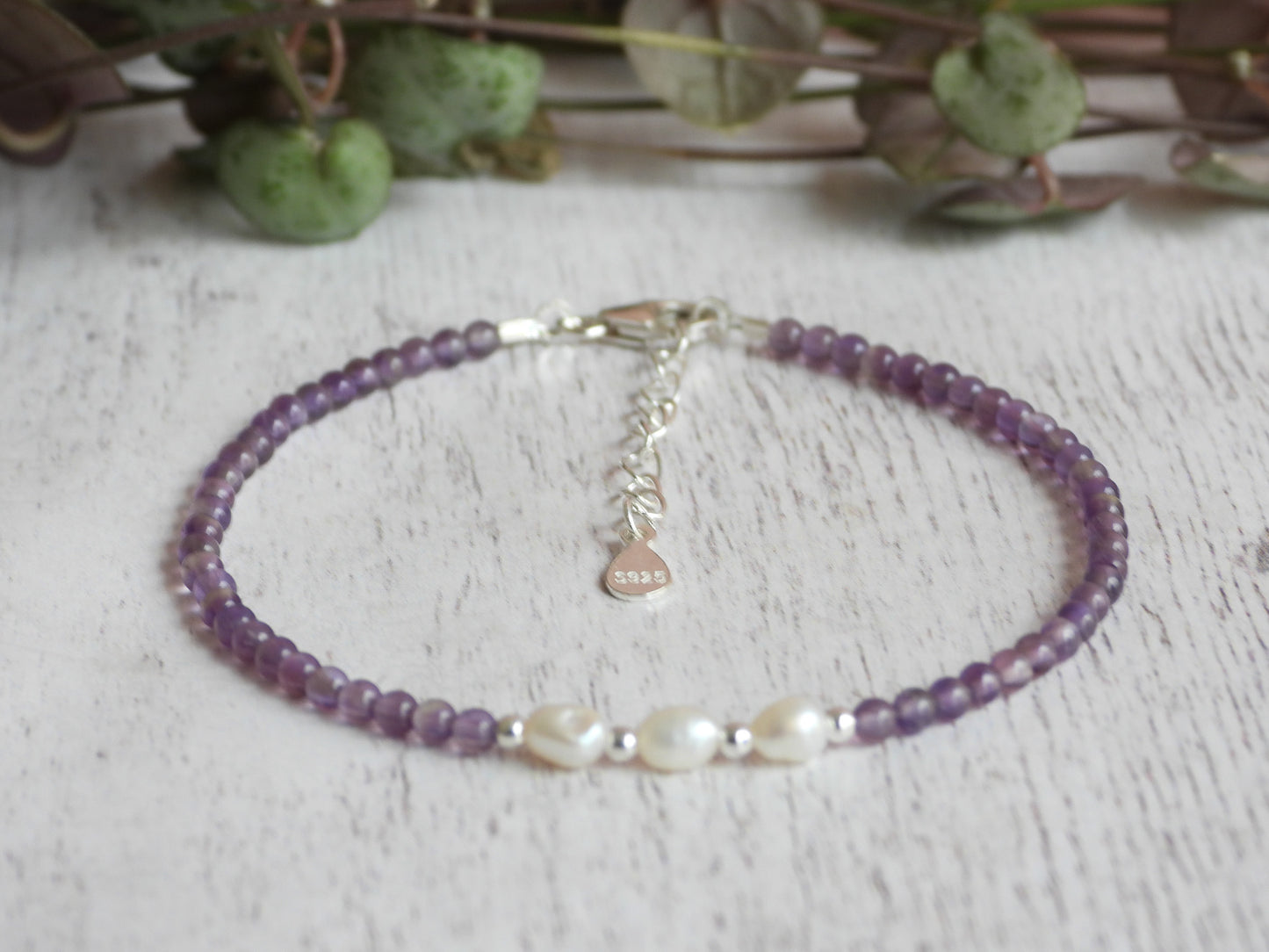 Dainty Amethyst and Pearl Gemstone Bracelet | February Birthstone | Round Beads