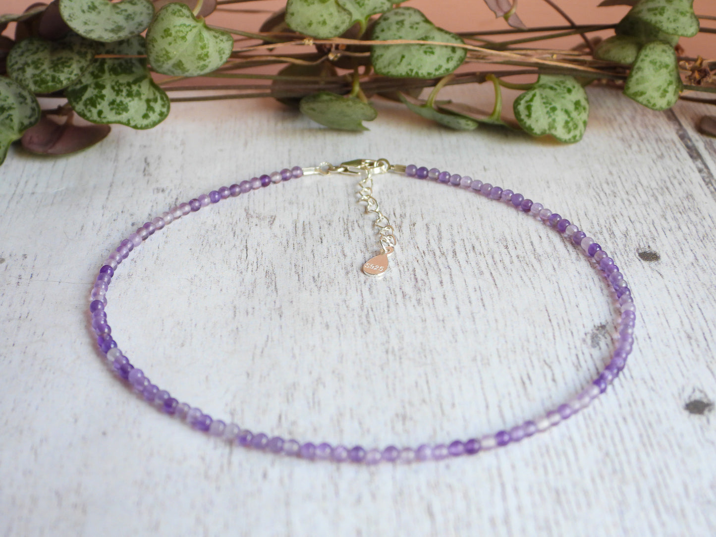 Dainty Amethyst "Sobriety" Gemstone Anklet | February Birthstone| Round Beads