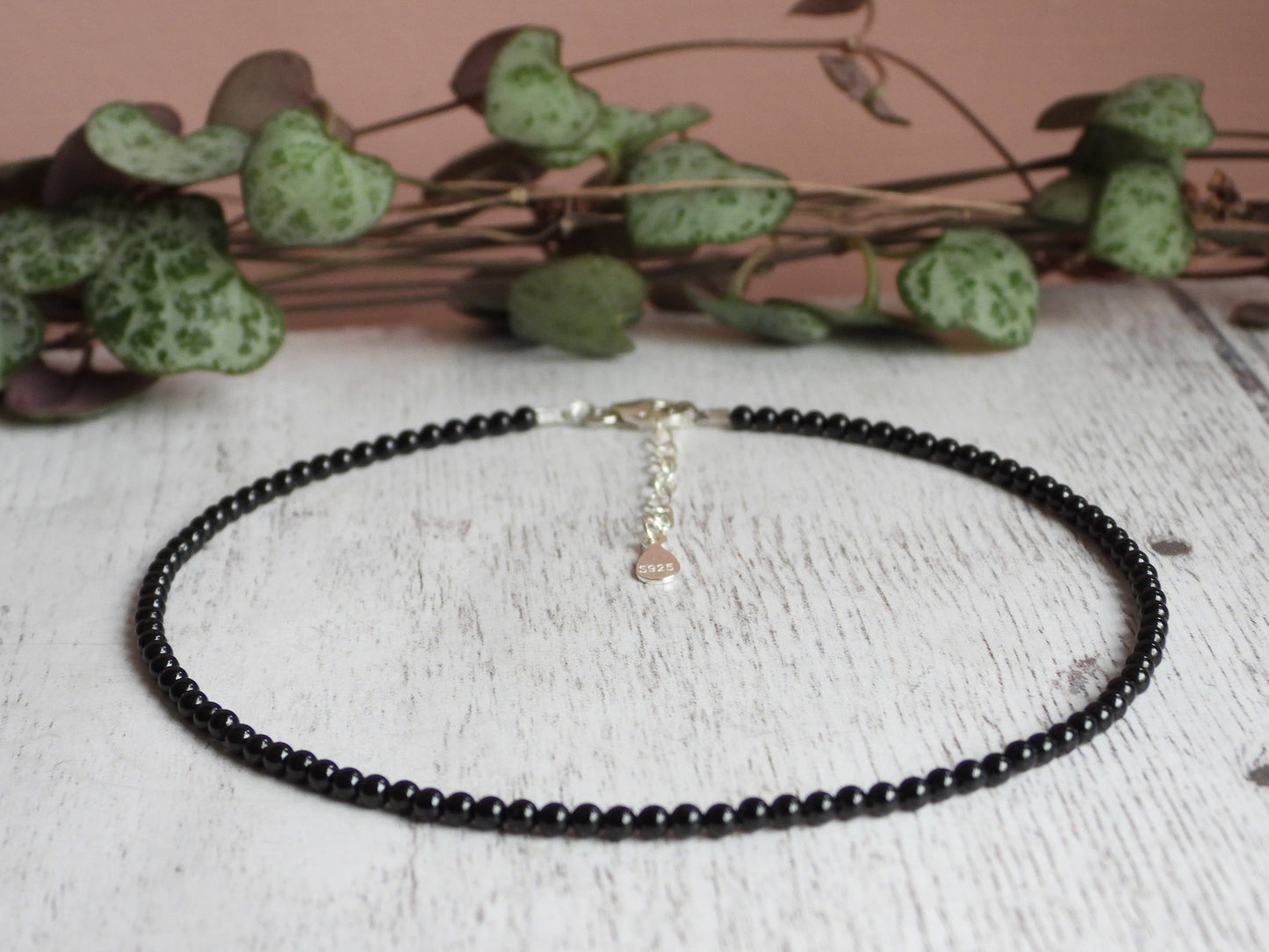 Dainty Black Spinel "Endurance" Gemstone Anklet | Round Beads
