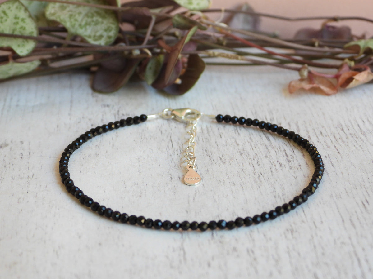 Dainty Black Tourmaline Gemstone Bracelet | Sterling Silver | Handmade