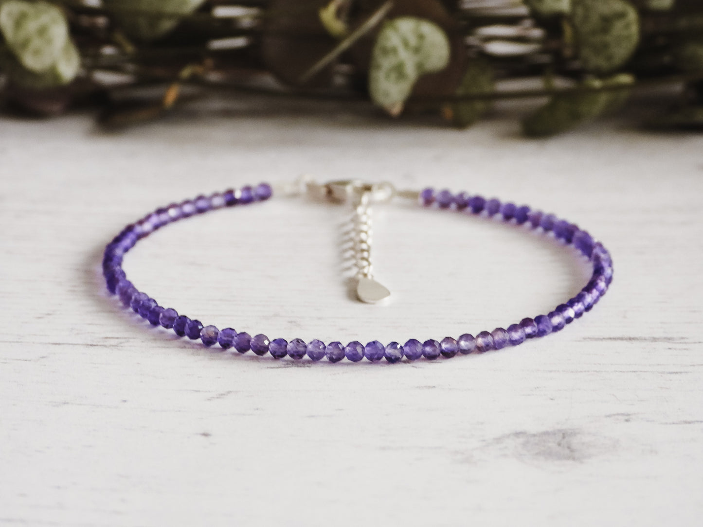 adjustable purple amethyst beaded bracelet with silver chain