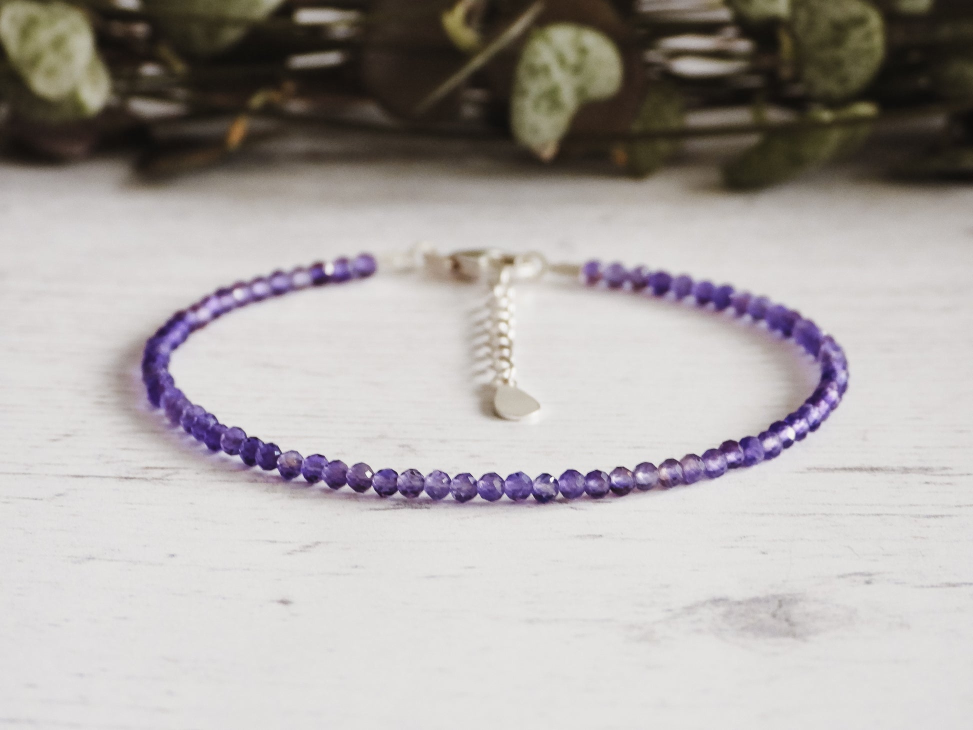 adjustable purple amethyst beaded bracelet with silver chain