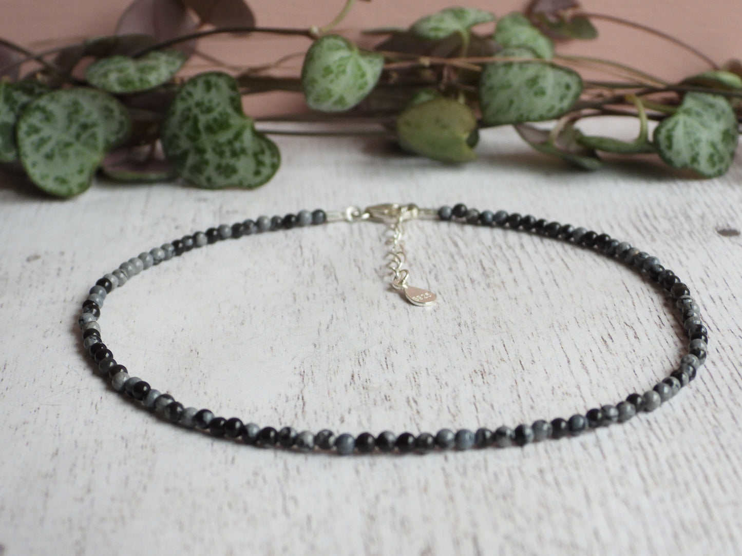 Dainty Snowflake Obsidian "Purity" Gemstone Anklet | Round Beads