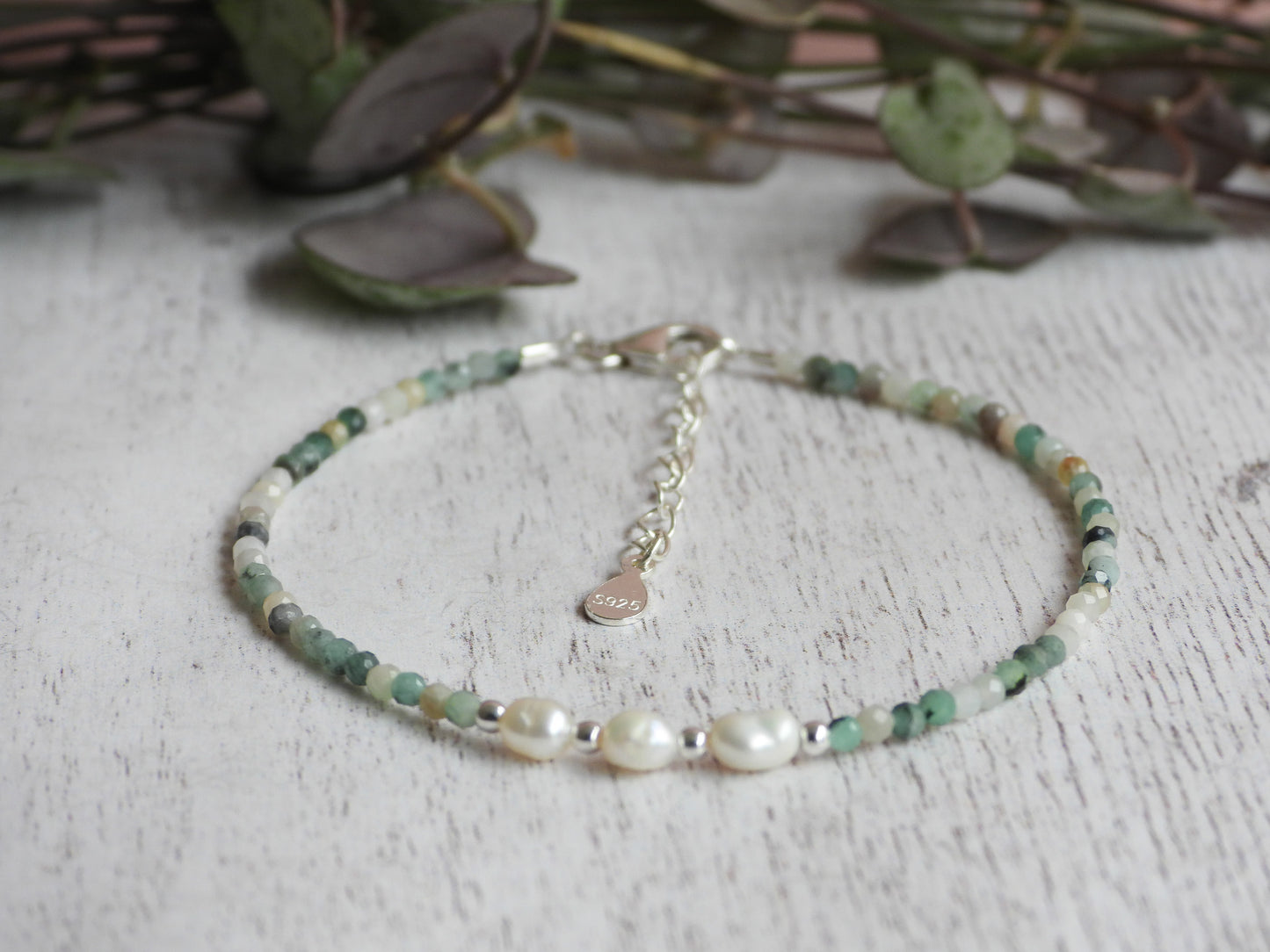 Dainty Emerald and Pearl Gemstone Bracelet | May Birthstone | Faceted Beads