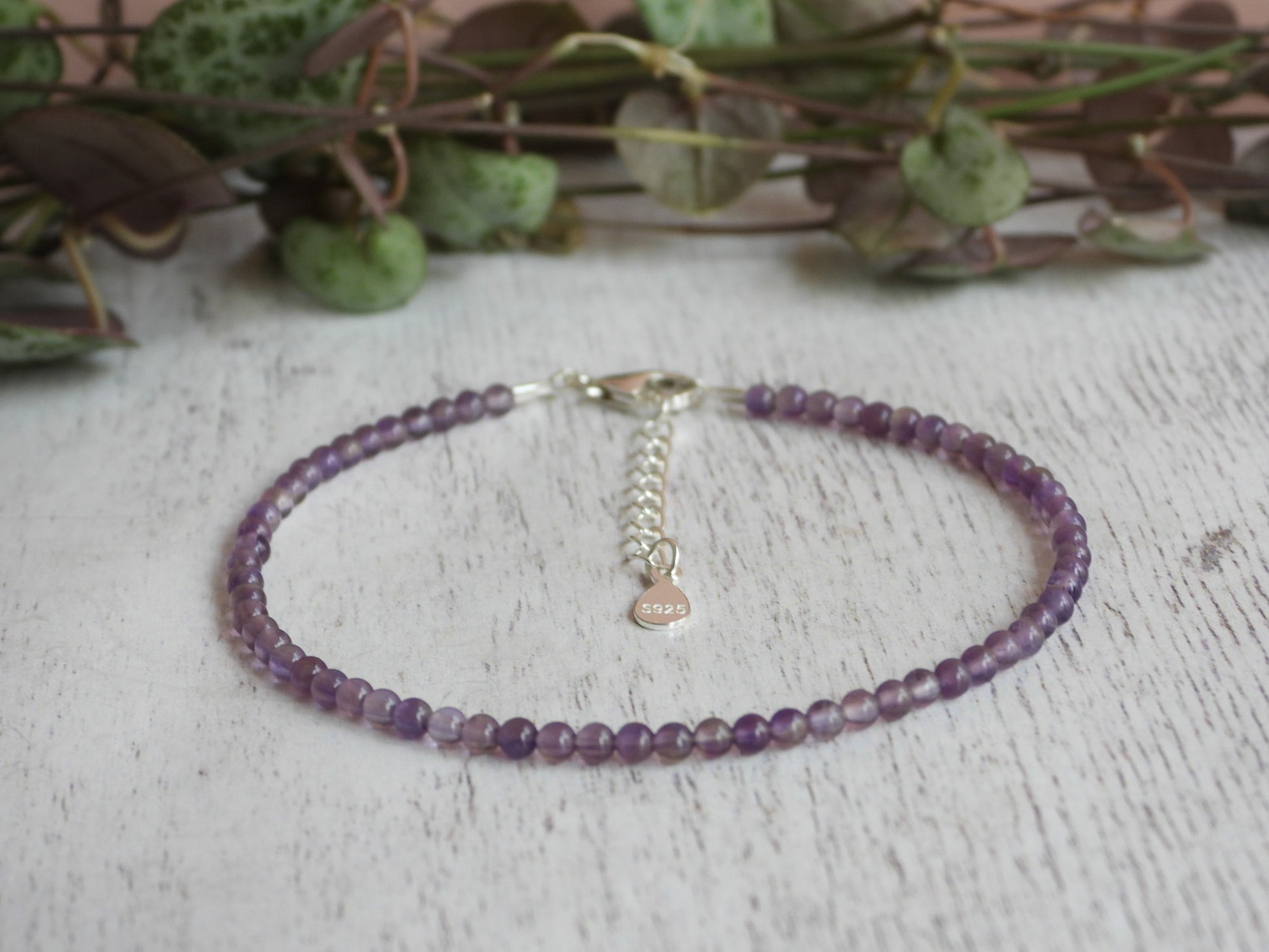 adjustable February birthstone, amethyst bracelet with sterling silver chain