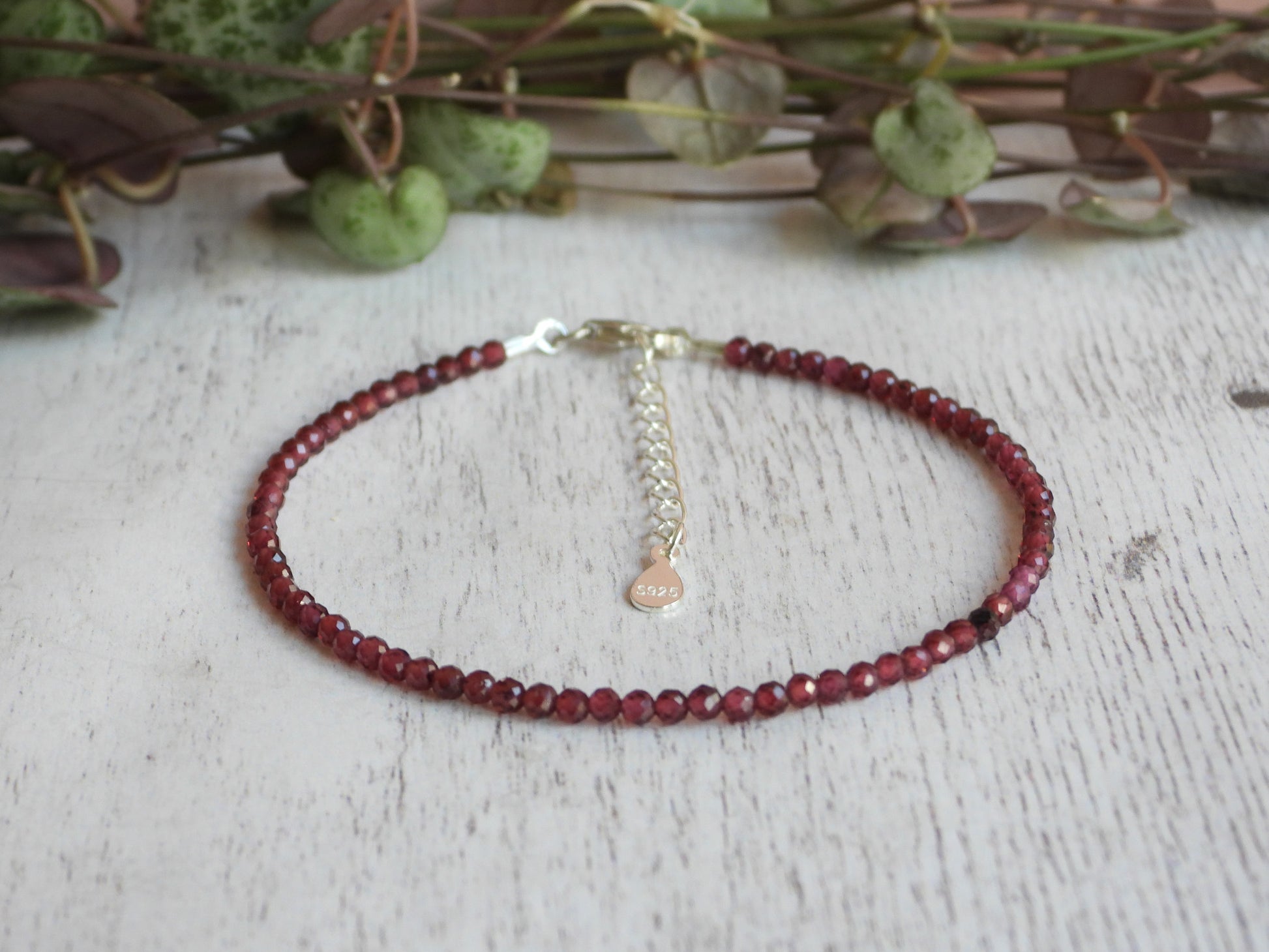 2mm garnet birthstone bracelet, authentic crystal beads, adjustable 925 chain