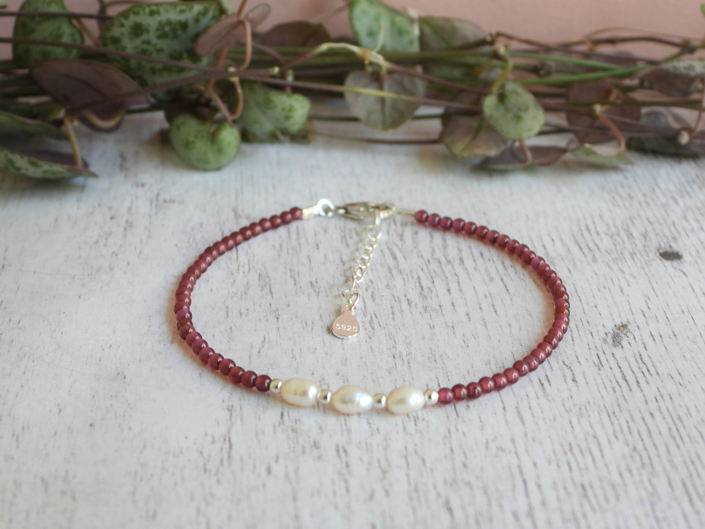 Dainty Garnet and Pearl Gemstone Bracelet | January Birthstone | Round Beads
