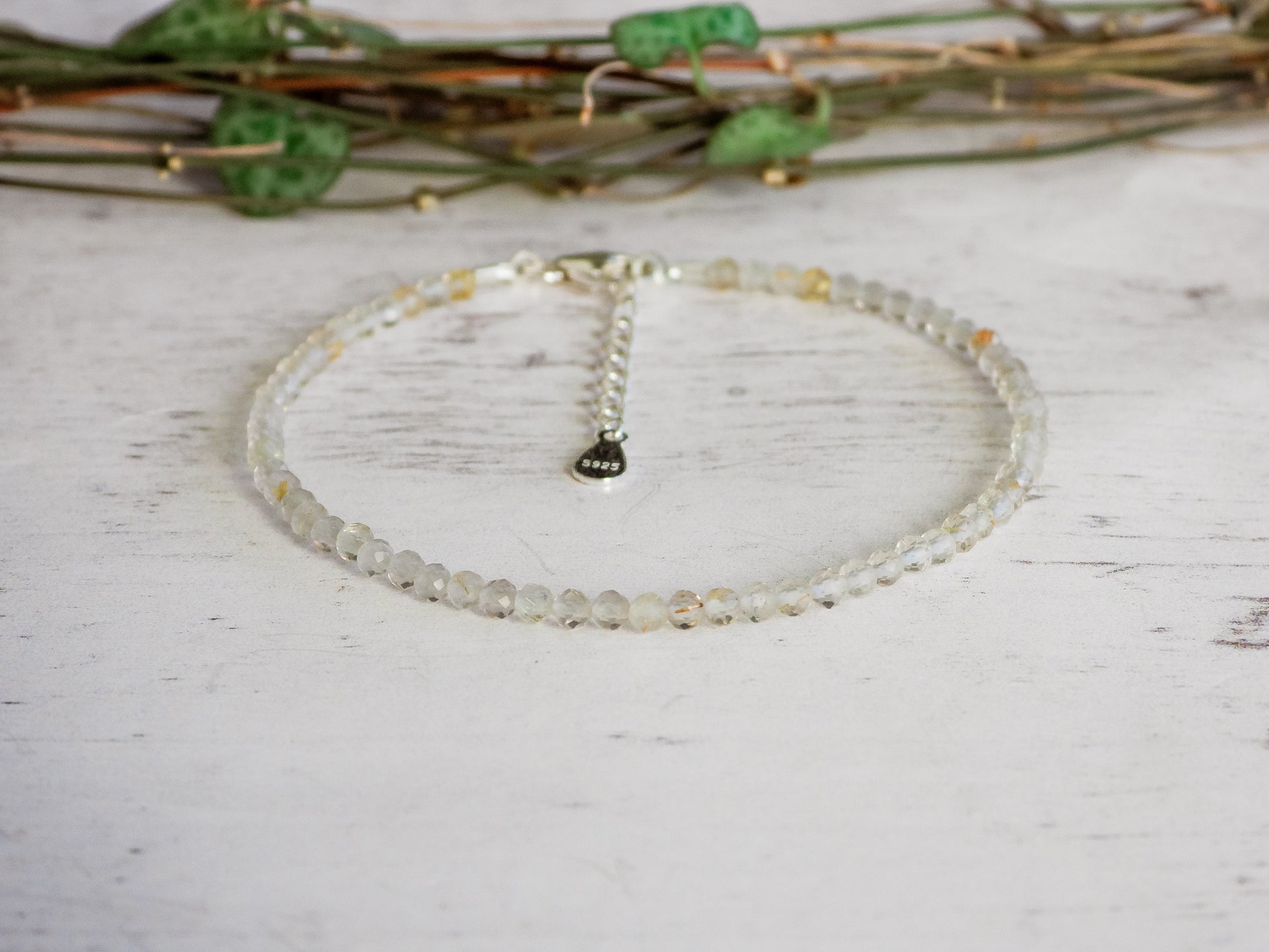 adjustable golden rutilated quartz gemstone bracelet with sterling silver clasp and chain
