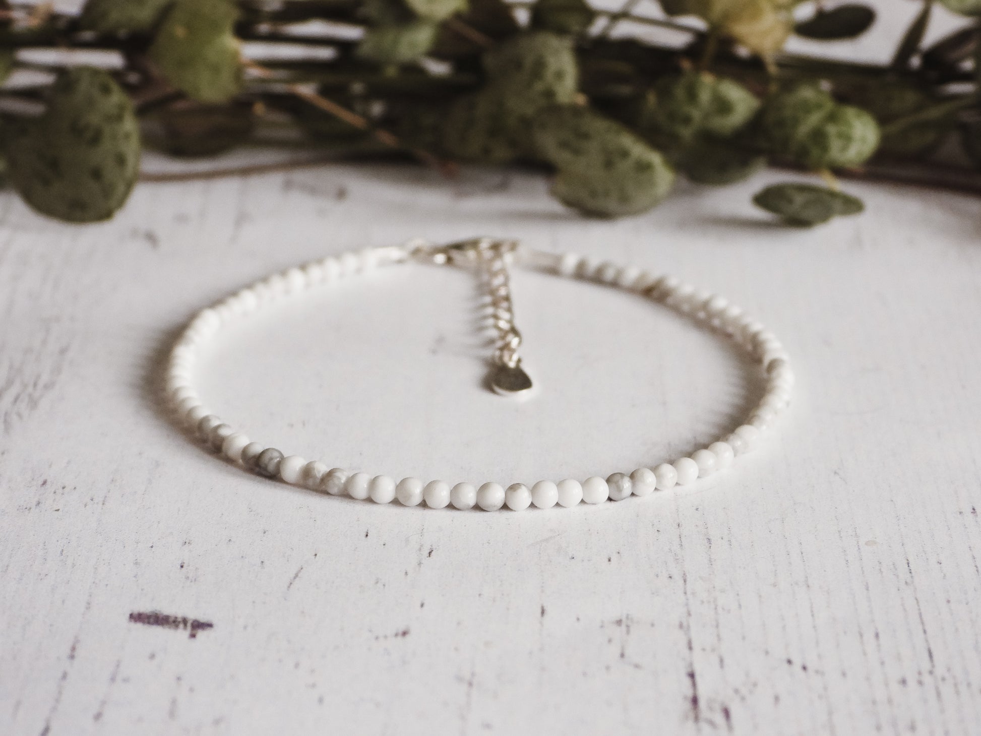 adjustable howlite gemstone beaded bracelet with sterling silver chain