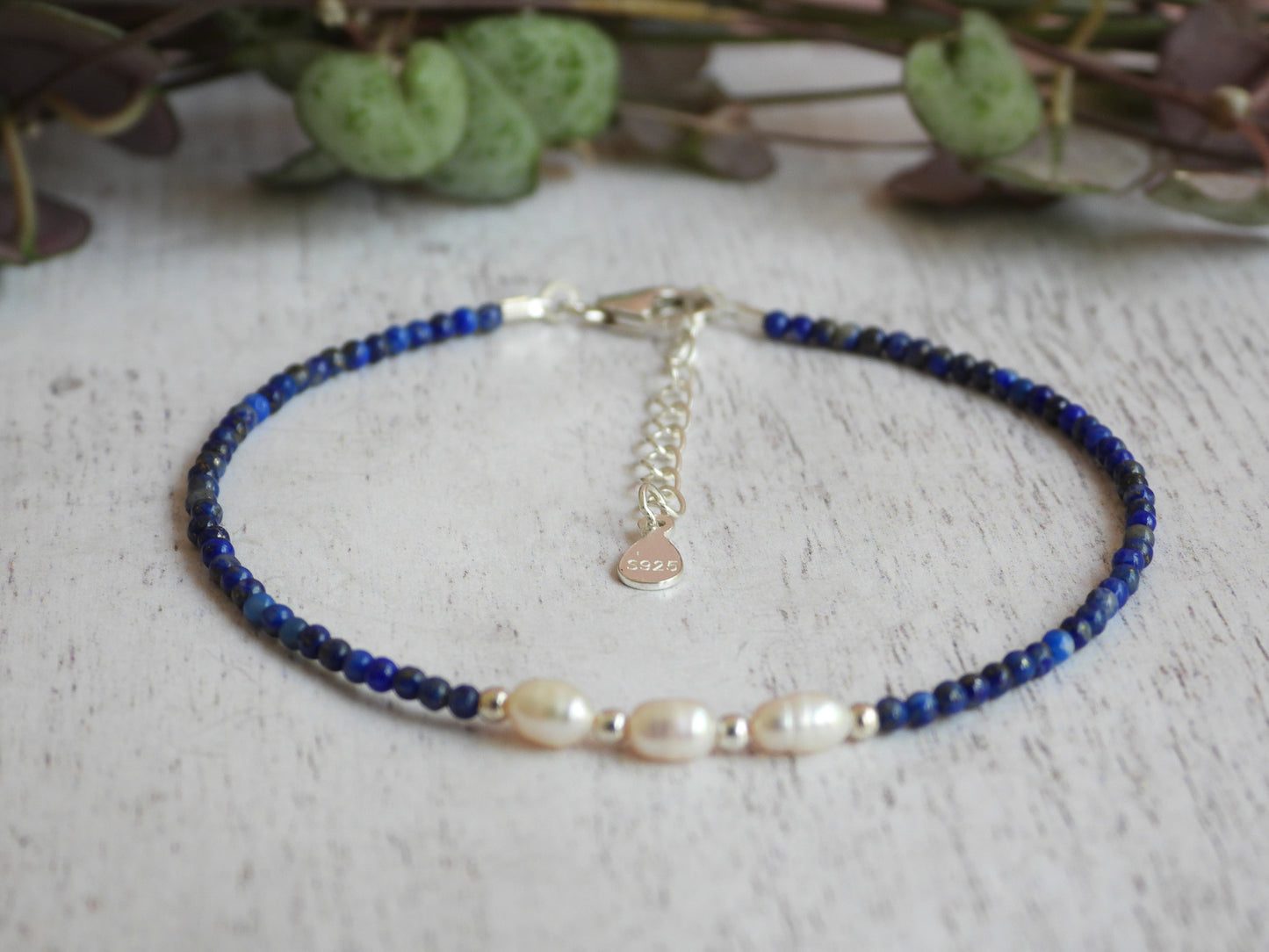 adjustable lapis lazuli gemstone bracelet with solid sterling silver chain