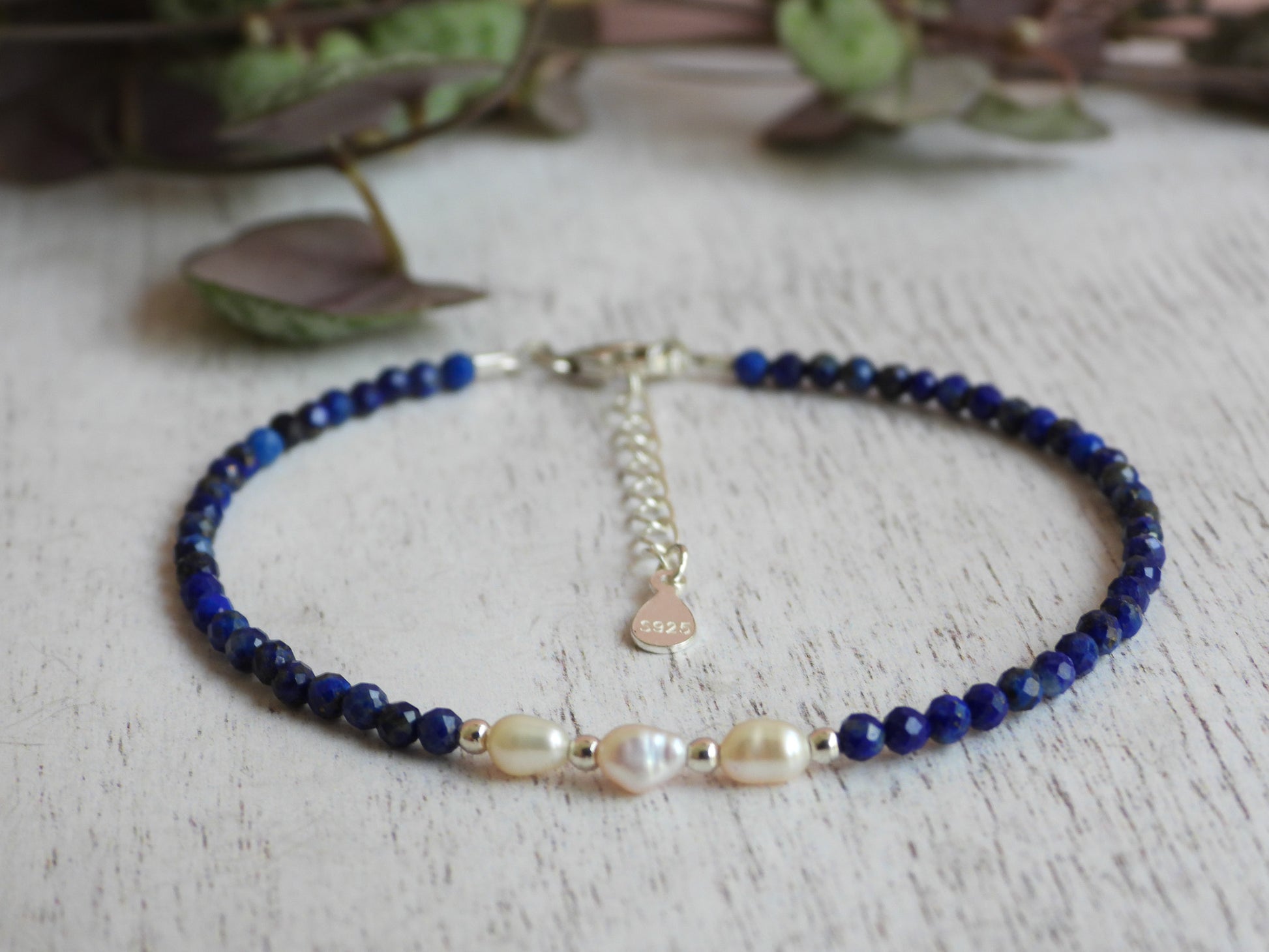 adjustable lapis lazuli September birthstone beaded bracelet with sterling silver chain
