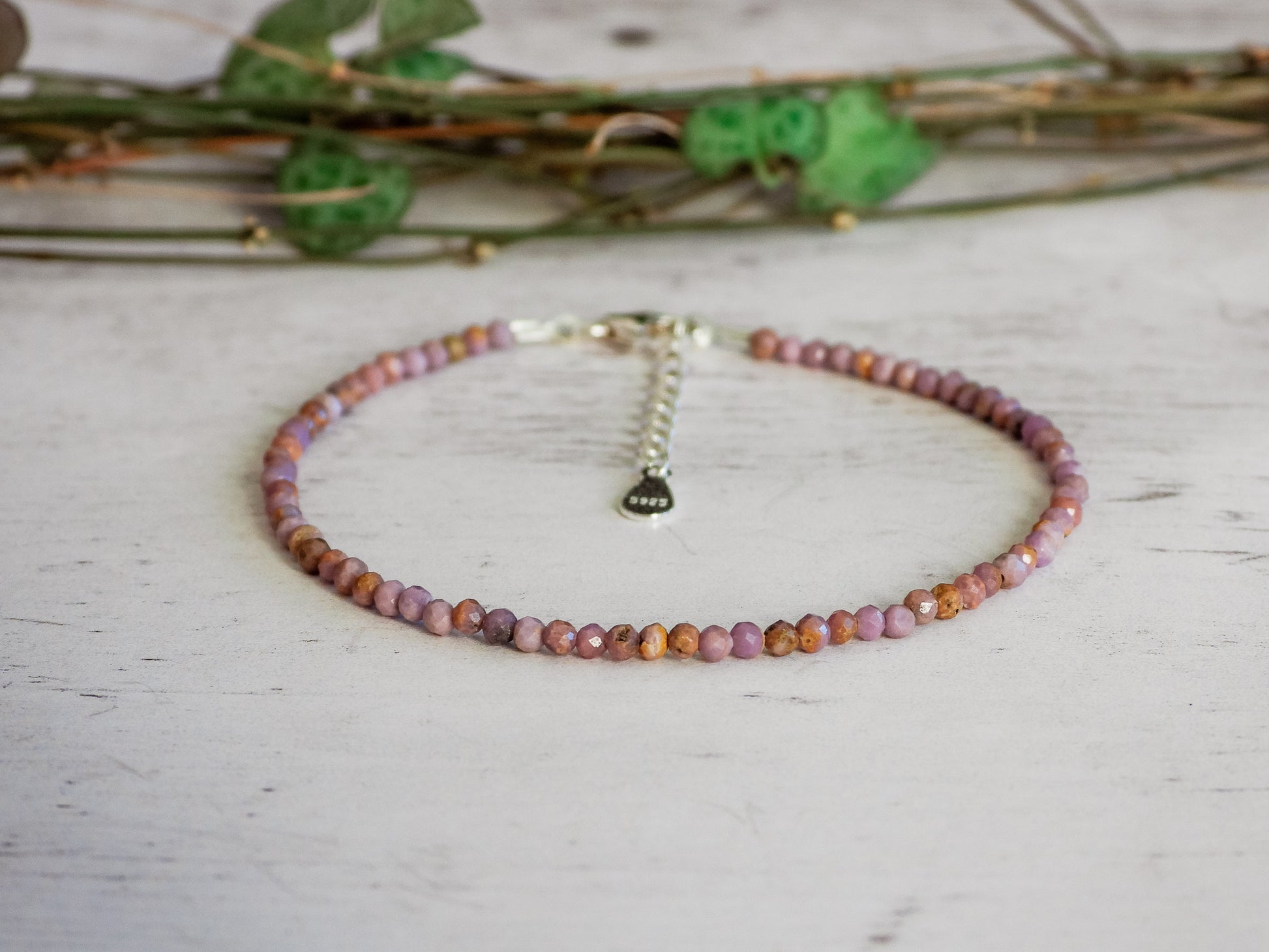 adjustable custom made lepidolite gemstone beaded bracelet with sterling silver chain
