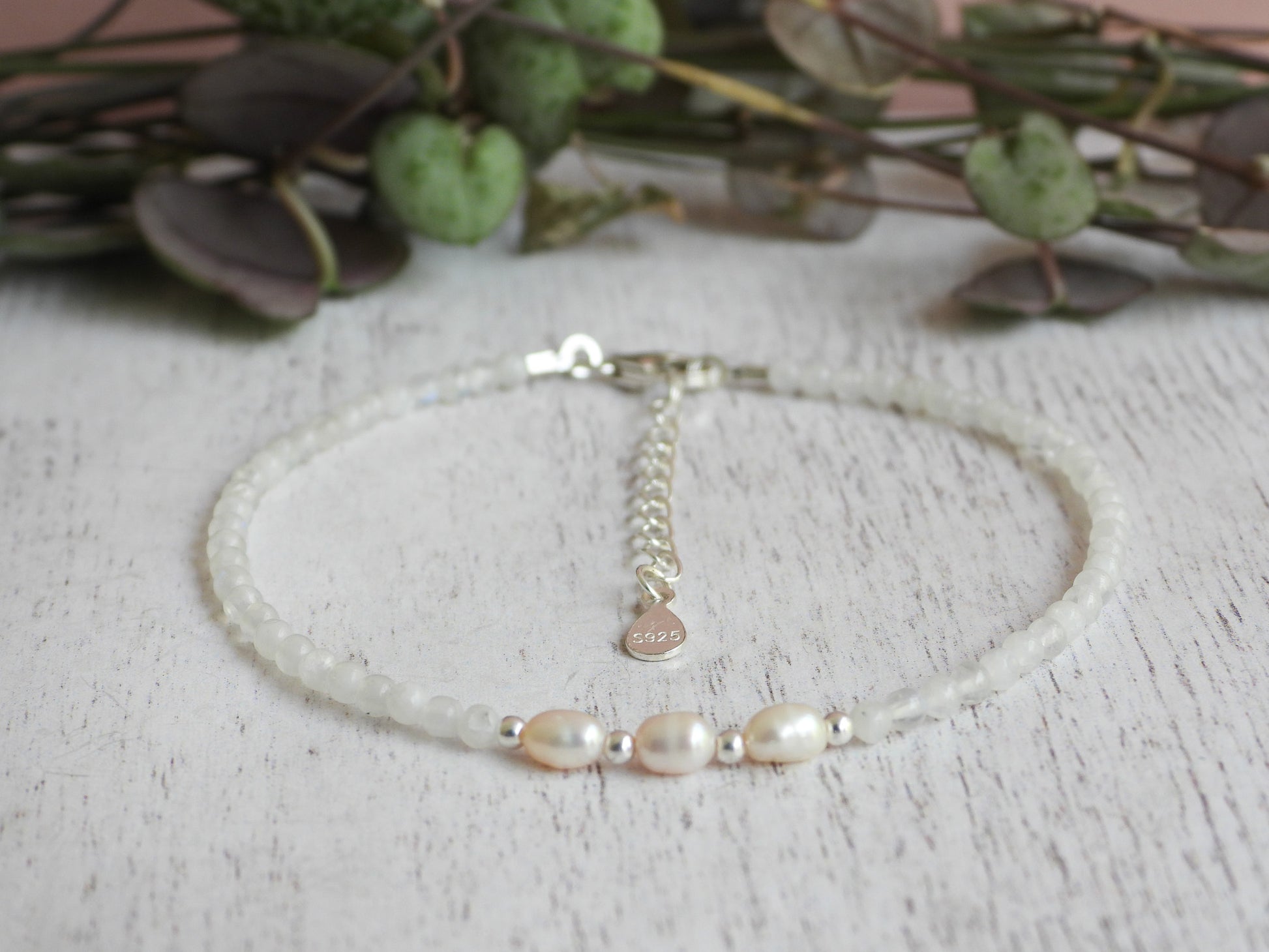 adjustable rainbow moonstone and pearl handmade june birthstone bracelet in sterling silver