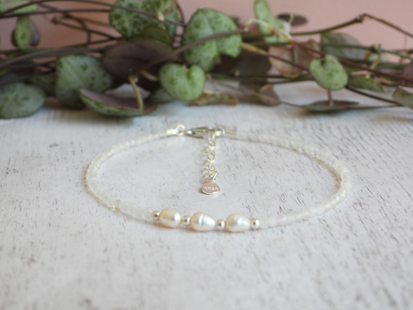 adjustable moonstone and pearl sterling silver handmade bracelet