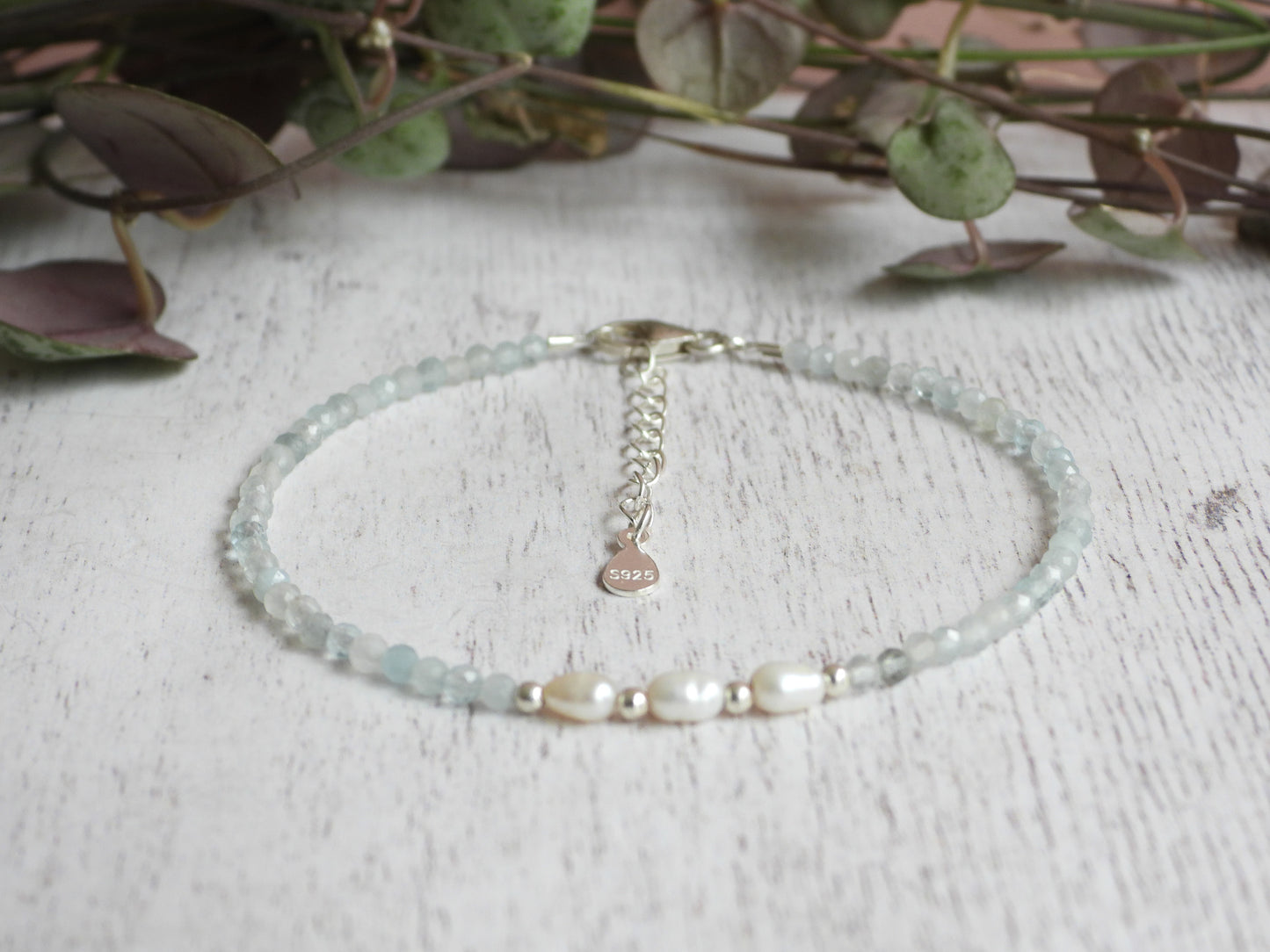 adjustable aquamarine macrch birthstone gemstone bracelet with silver 925 chain
