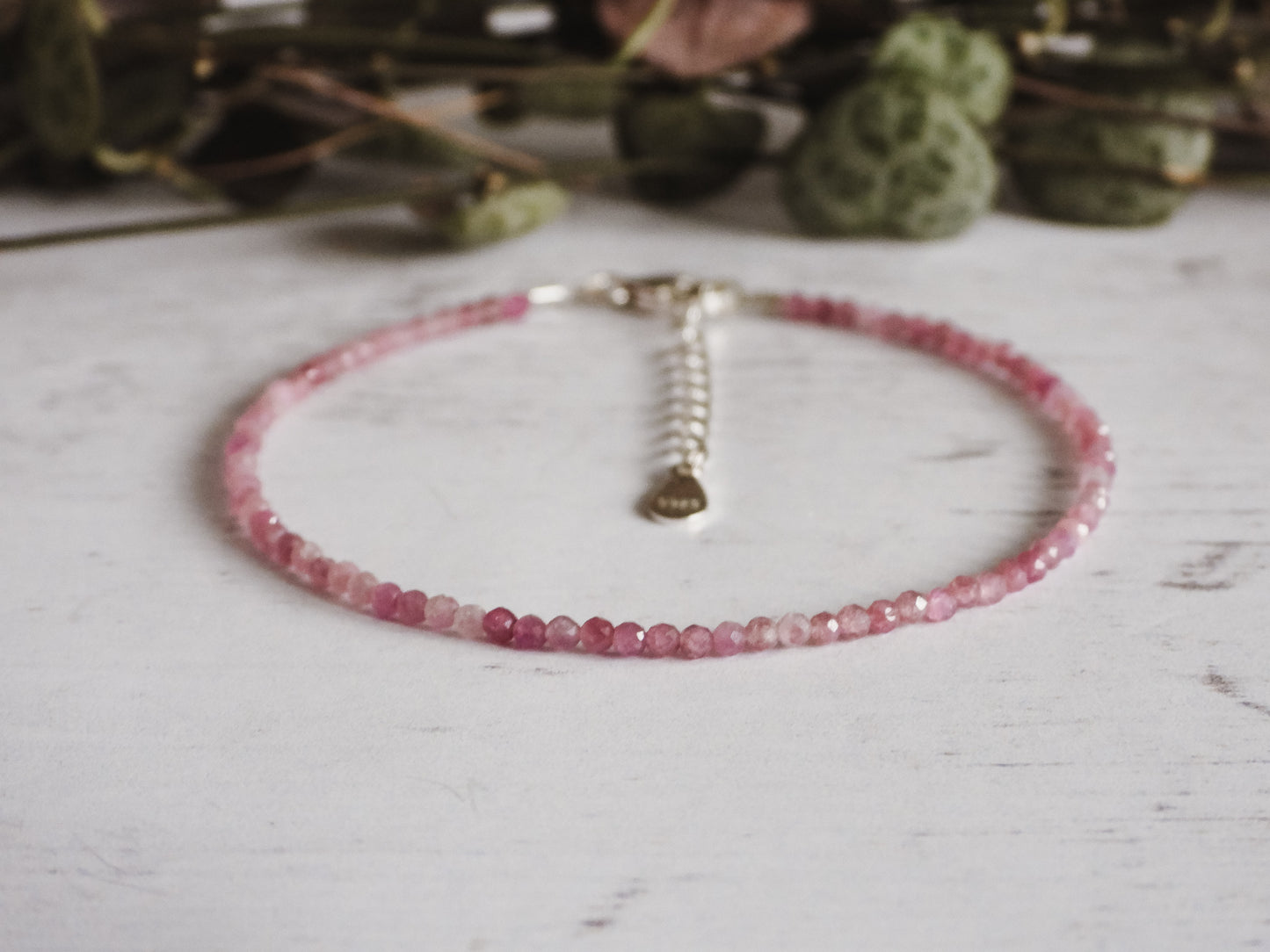 adjustable minimalist pink tourmaline gemstone bracelet with sterling silver chain and clasp