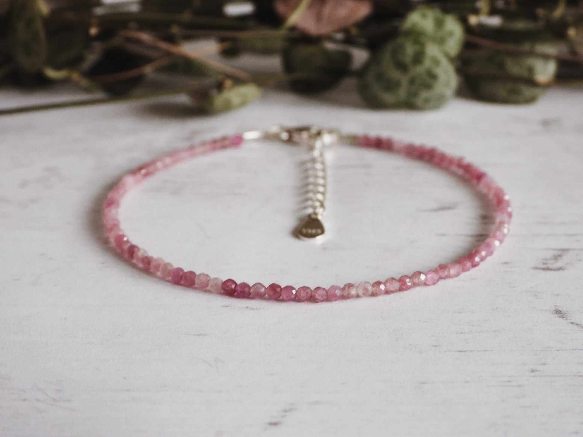 adjustable minimalist pink tourmaline gemstone bracelet with sterling silver chain and clasp