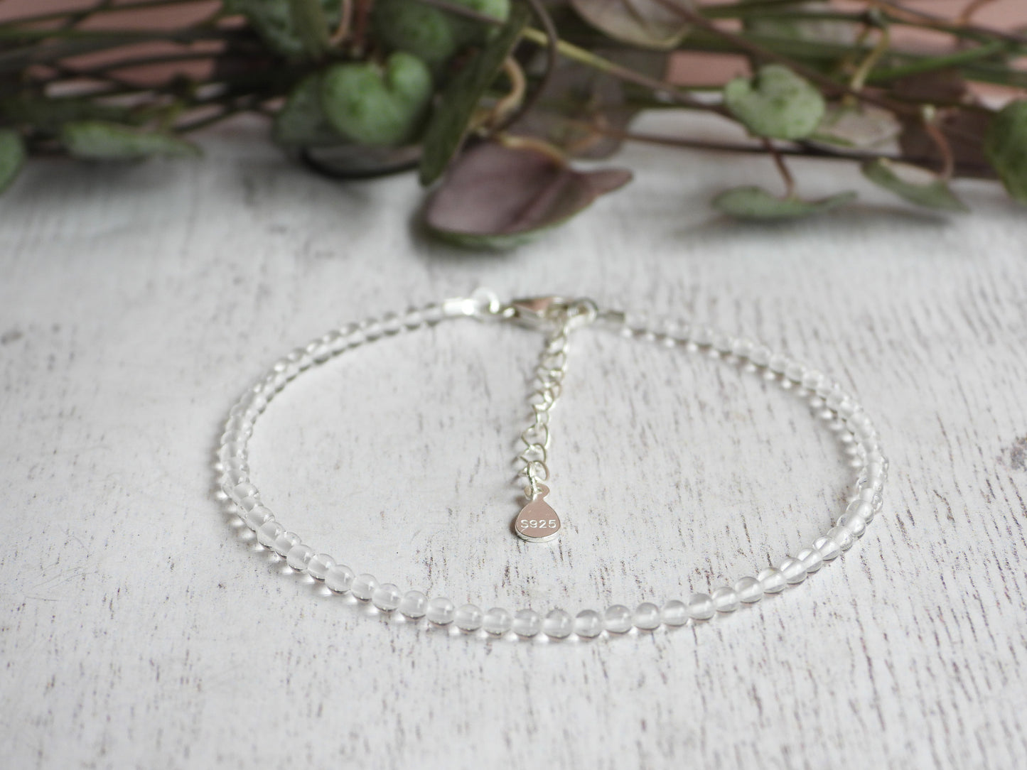 adjustable quartz April birthstone gemstone beaded bracelet with silver 925 chain