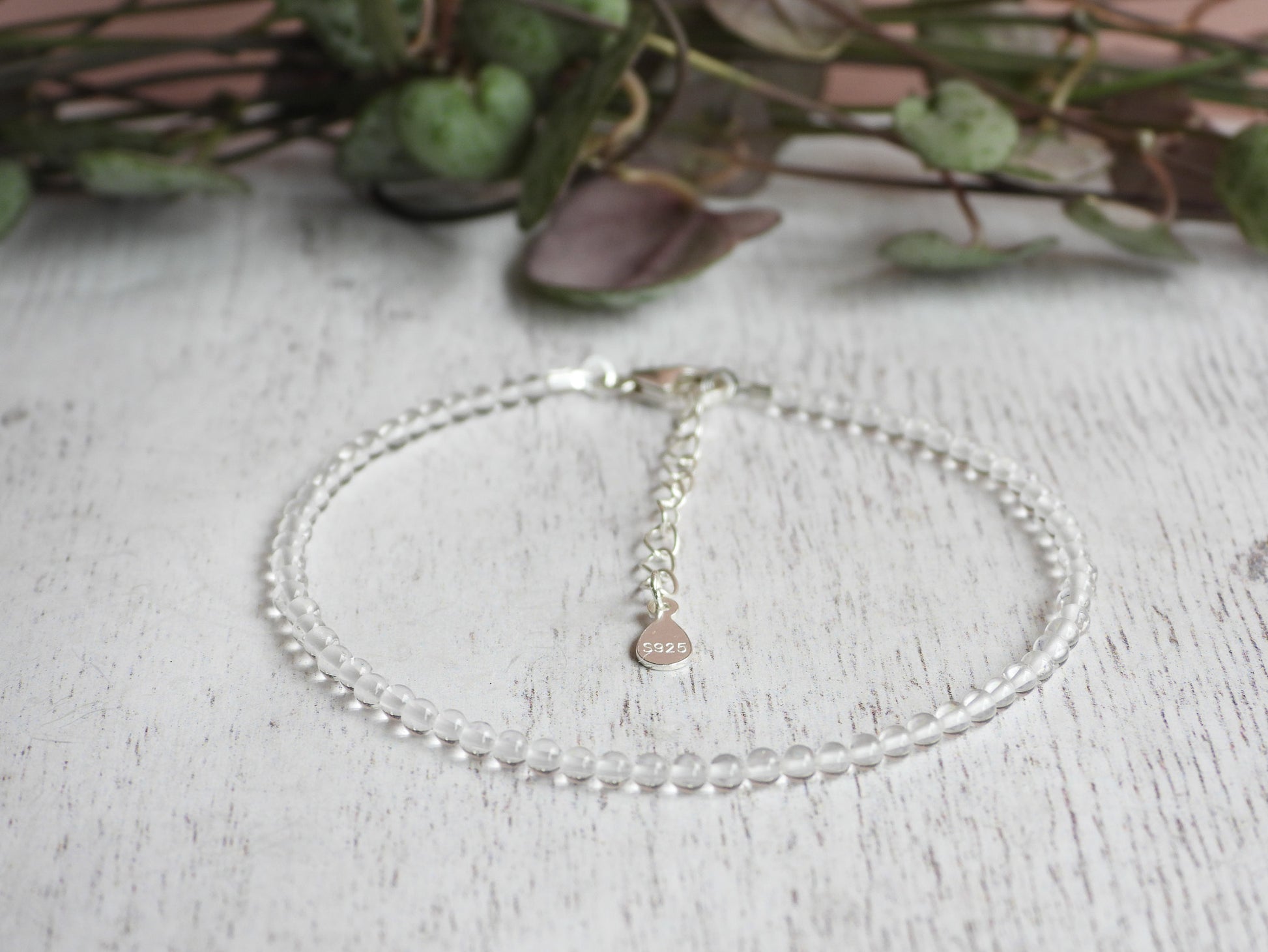 adjustable quartz April birthstone gemstone beaded bracelet with silver 925 chain