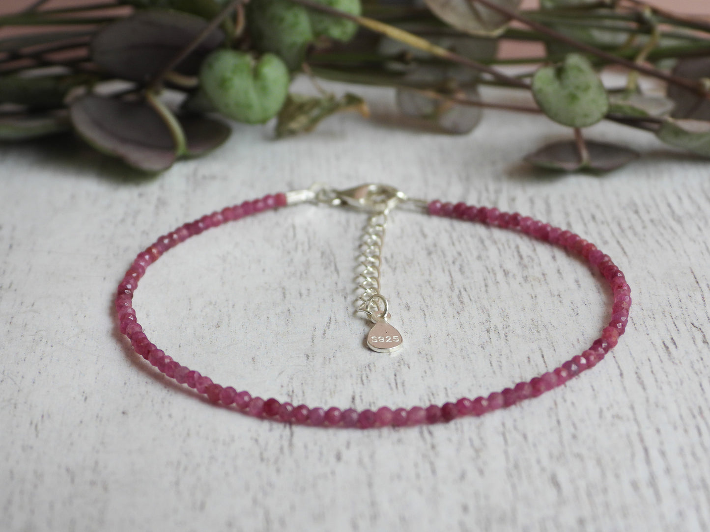 adjustable ruby July birthstone dainty bracelet with sterling silver clasp
